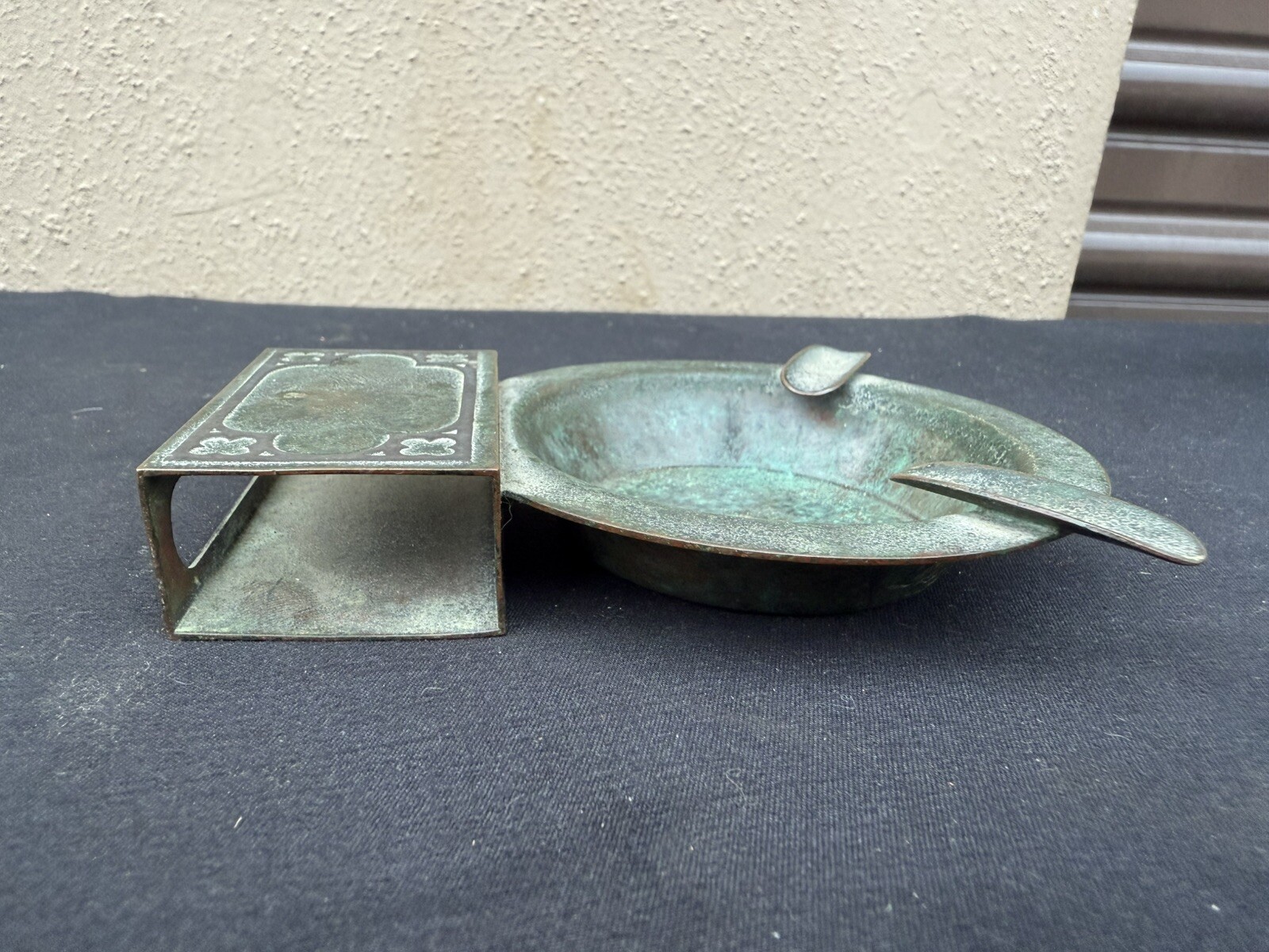 Silver Crest Bronze Ashtray Match Holder #402 Antique Patina Art Deco RARE