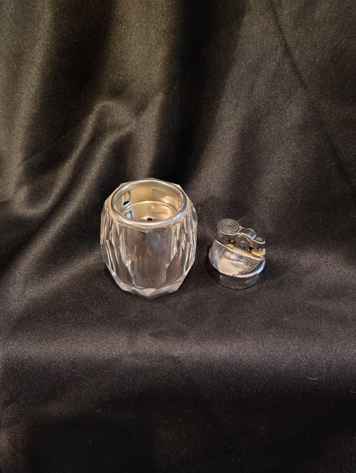 Vintage Heavy Clear Crystal Cut Glass Gas Table Lighter, Chrome Top. Japan.