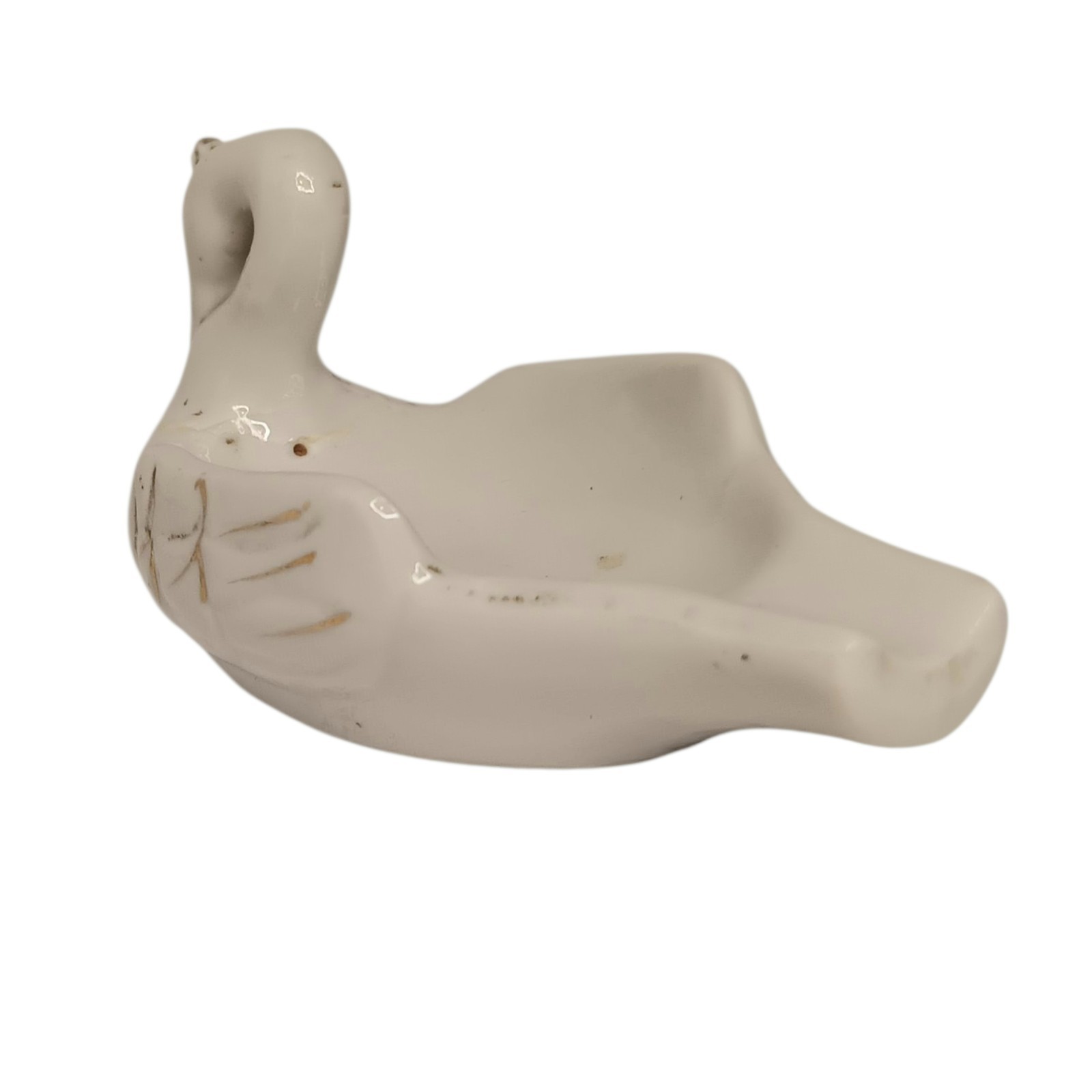 Vintage White Porcelain Swan Ashtray Trinket Dish Gold Trim Made In Japan 4″x2″
