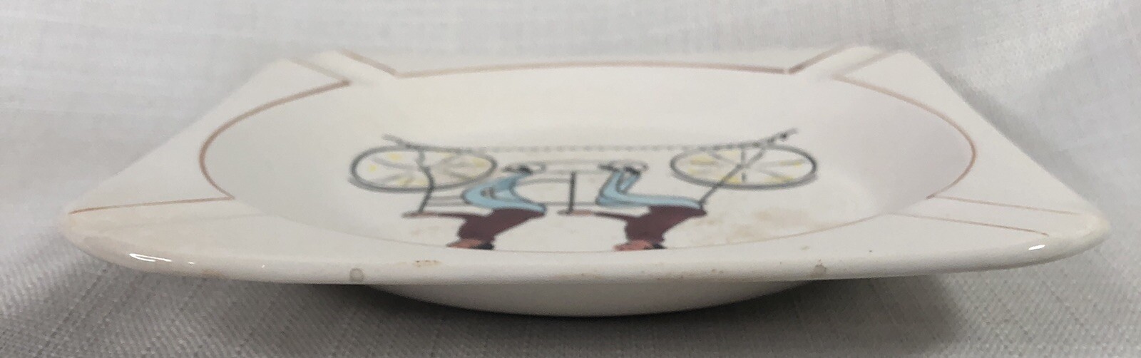 Ceramic Ashtray Gay Ninety’s Dandy Men on Tandem Bicycle Built for Two Worn