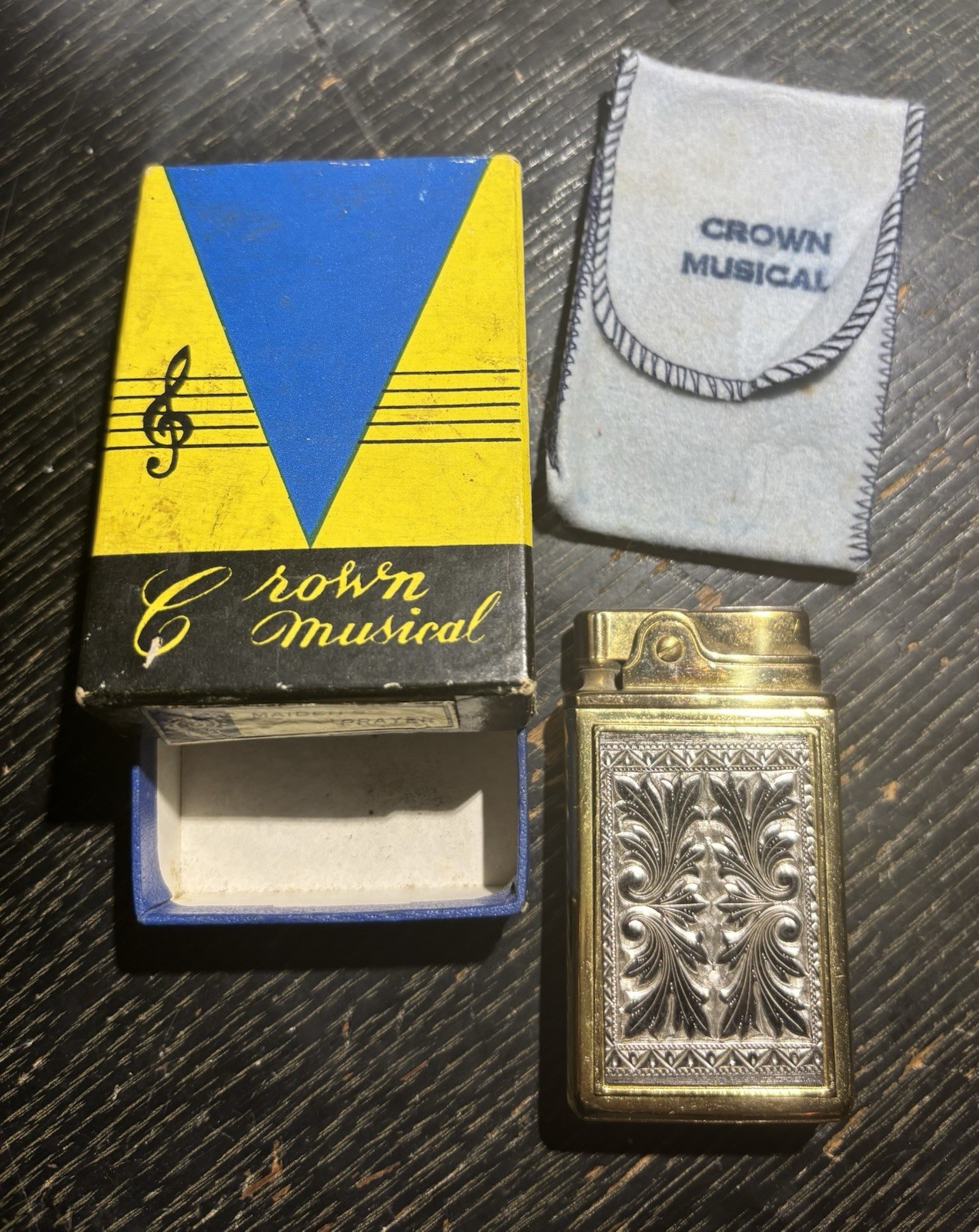 Vtg Crown Musical Lighter EUC Gold/Silver Maidens Prayer Music working Box Pouch