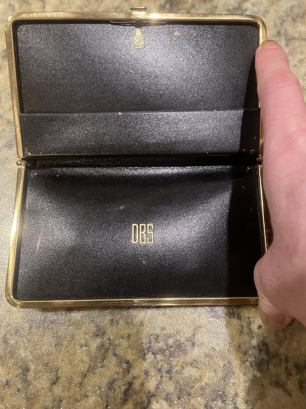 Vintage Mark Cross France Black Lizard Skin Hard Case Wallet Monogram DBS Gold