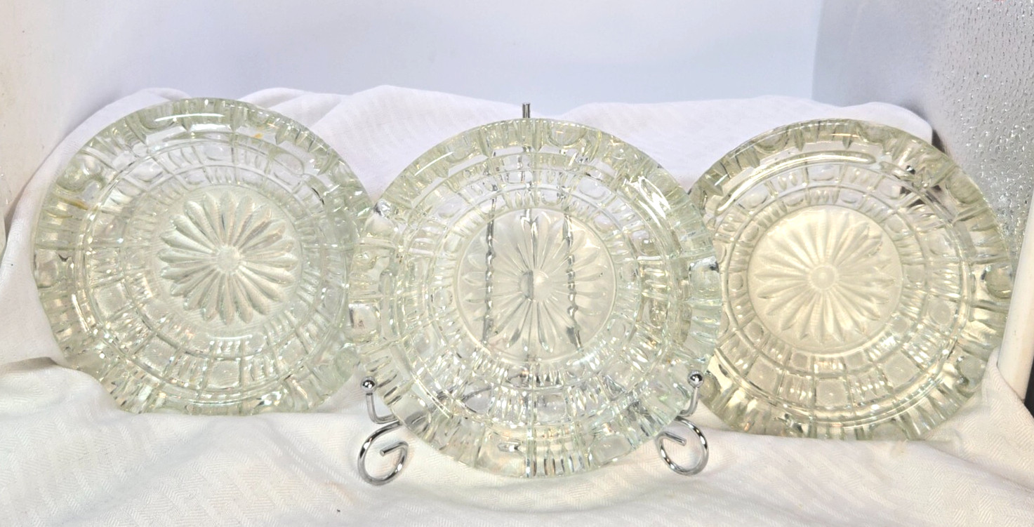 Set of three Vintage Cut Clear Glass Ashtrays -Daisy Flower Center Trinket Dish