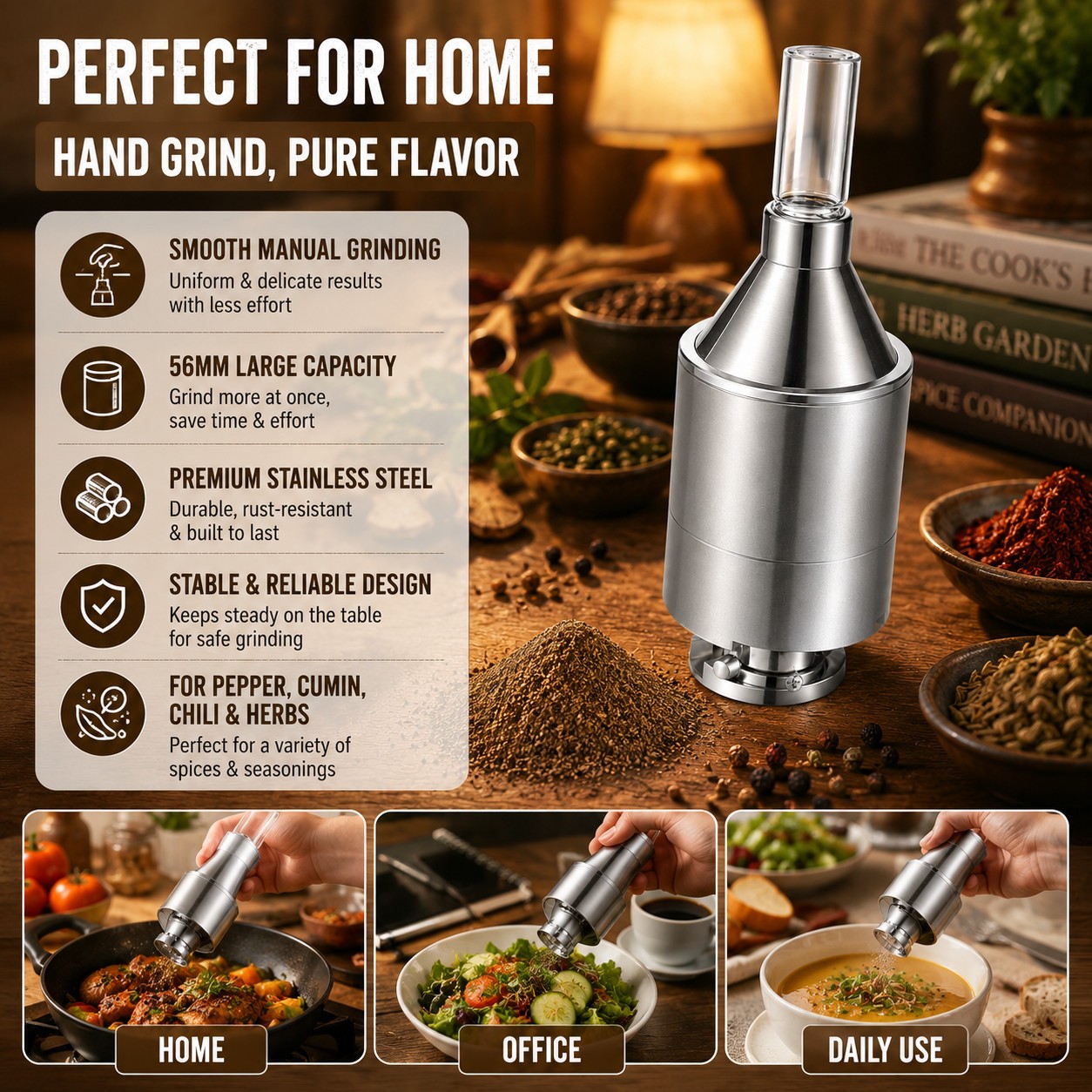 56mm Big Size Manual Metal Spice Powder Grinder Hand Crank Funnel Container Tool