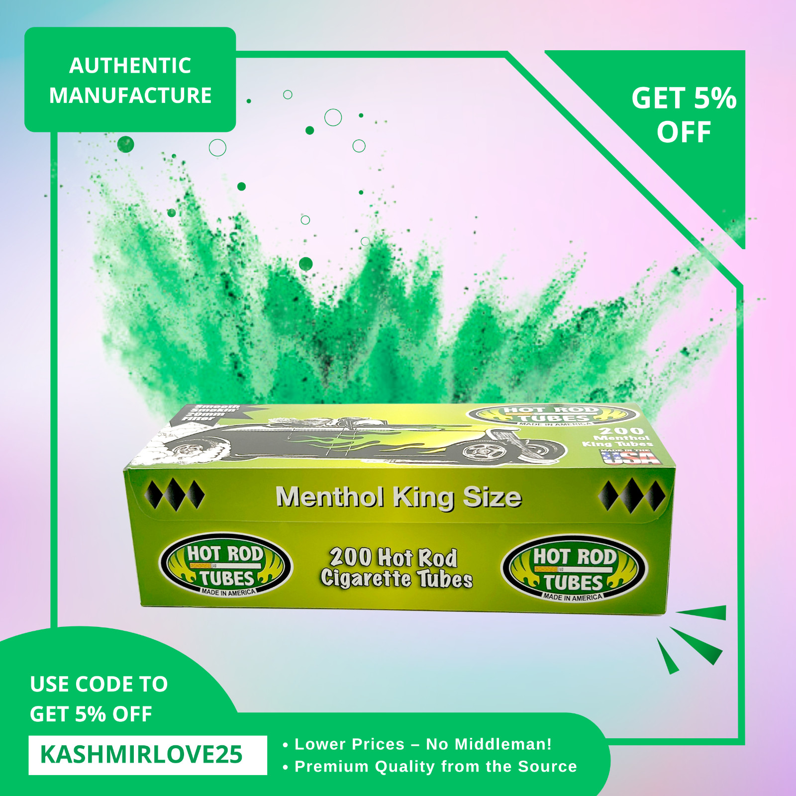 Hotrod Tubes Menthol King Size Cigarette Filter Tubes 200 Per Pack: 1000 Tubes