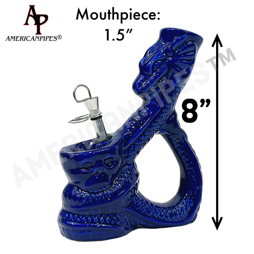SNAKE & SKULL INHALE®️8″ CERAMIC WATER PIPE WITH A PULL STEM MADE IN THE USA