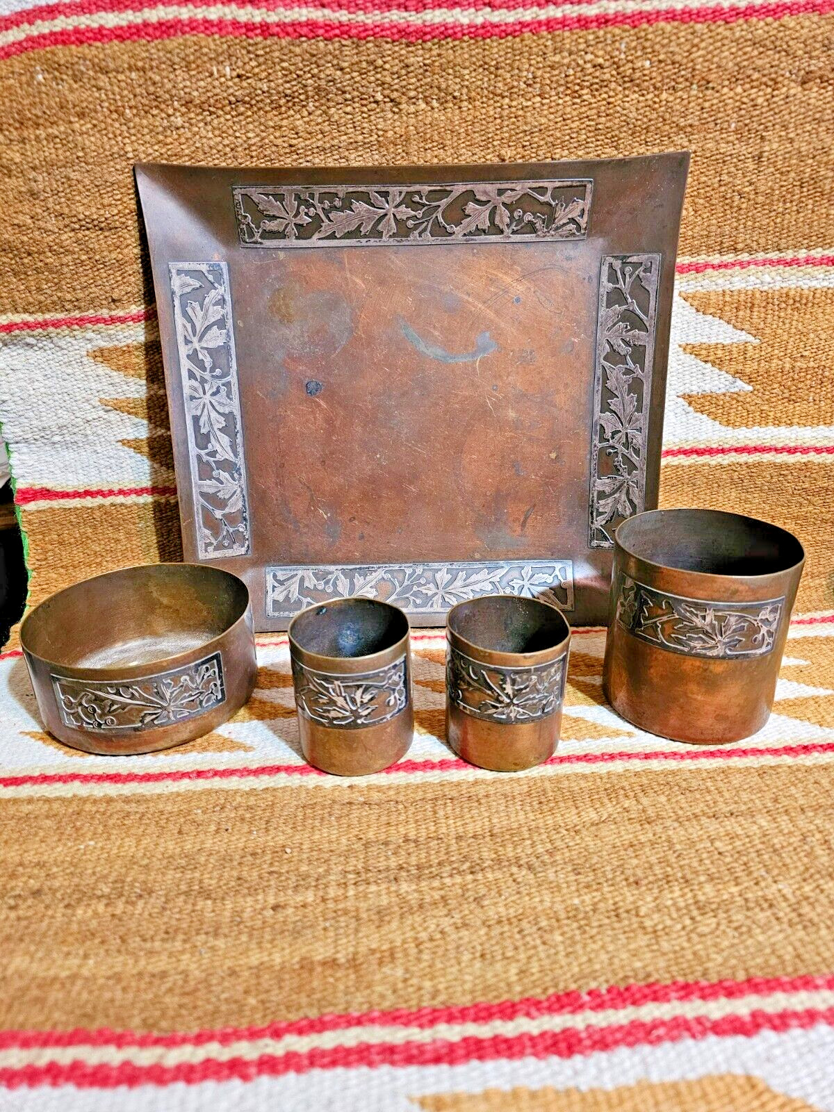 FANTASTIC 1900s Arts & Crafts 5pc Smoking Set Sterling Silver On Bronze Heintz ?