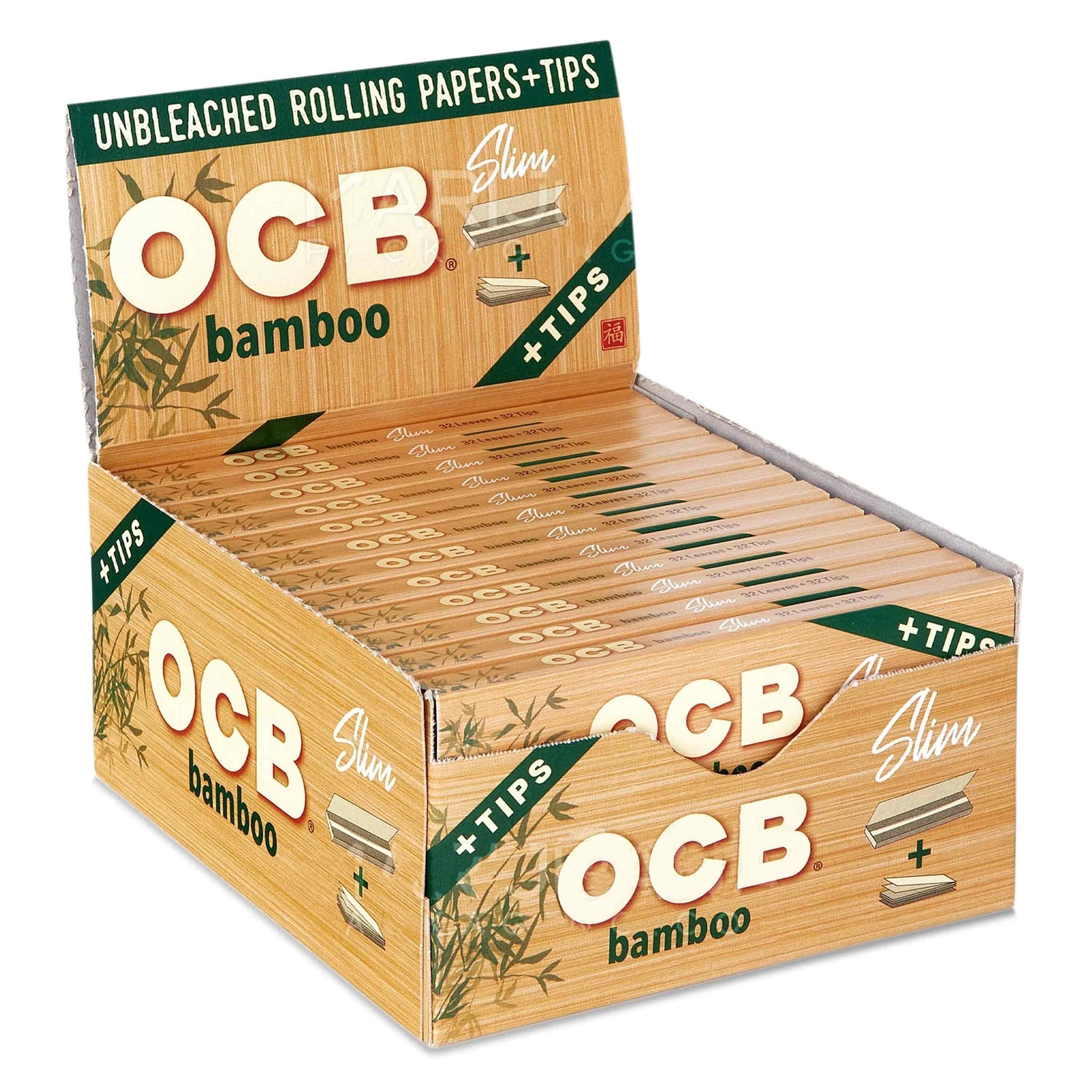 OCB Bamboo Rolling Papers + Tips King Size Slim 100mm Unbleached, Full Box of 24