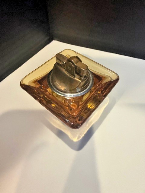 Vintage Mid Century Amber Glass Cube Table Lighter Four Star Japan