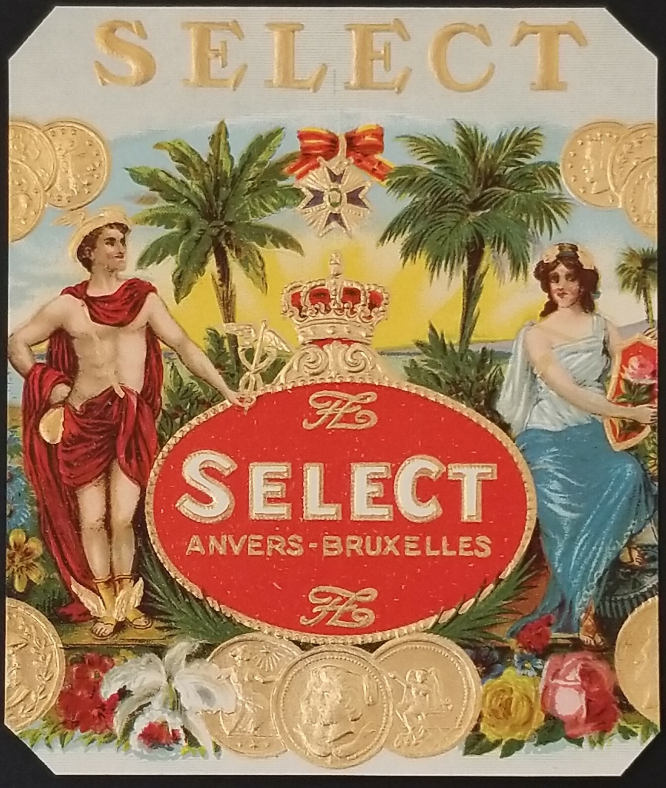 Select Anvers – Bruxelles Cigar Box Label Embossed Roman God Goddess Belgium
