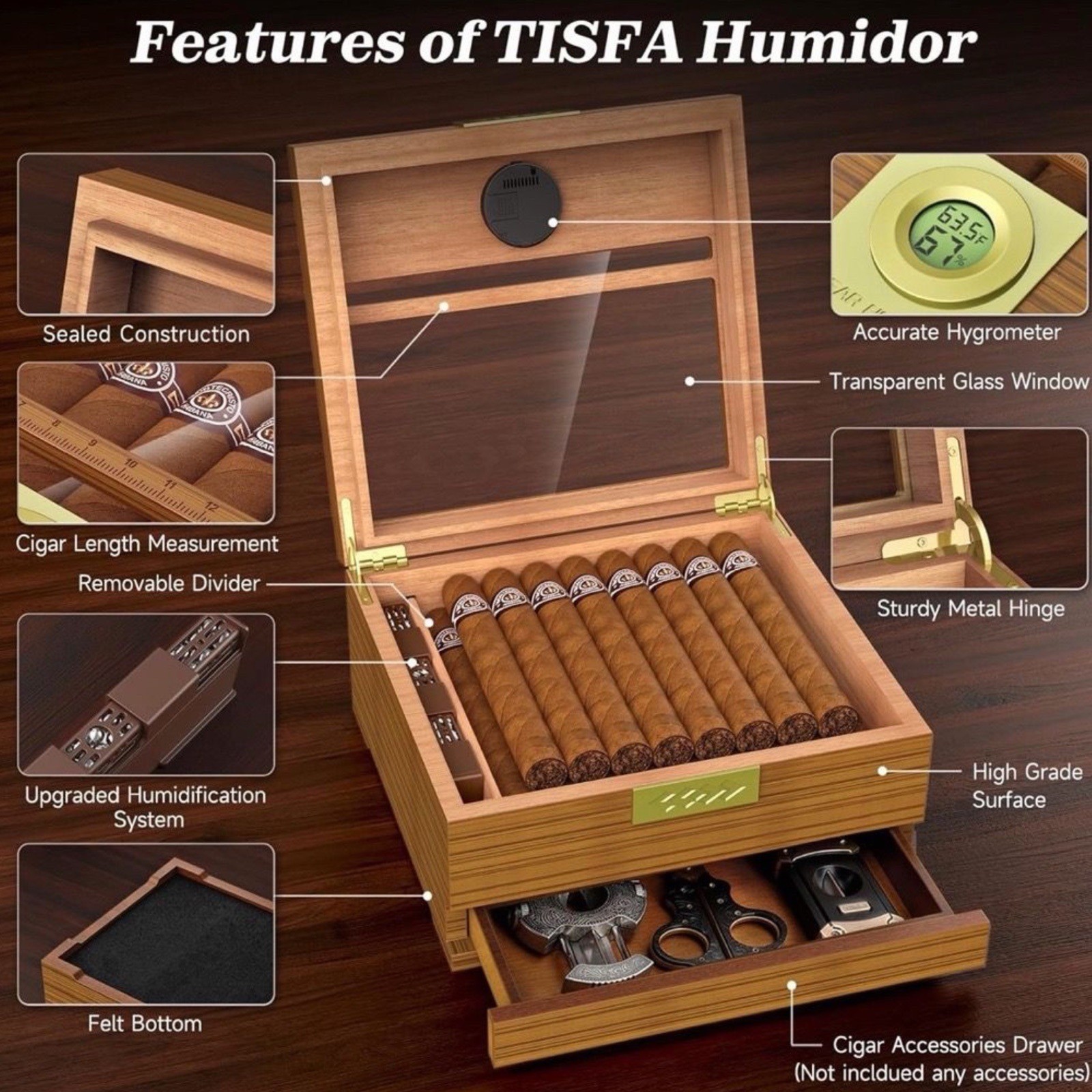 TISFA Cedar Wood Cigar Humidor Box with Digital Hygrometer & Glass Top