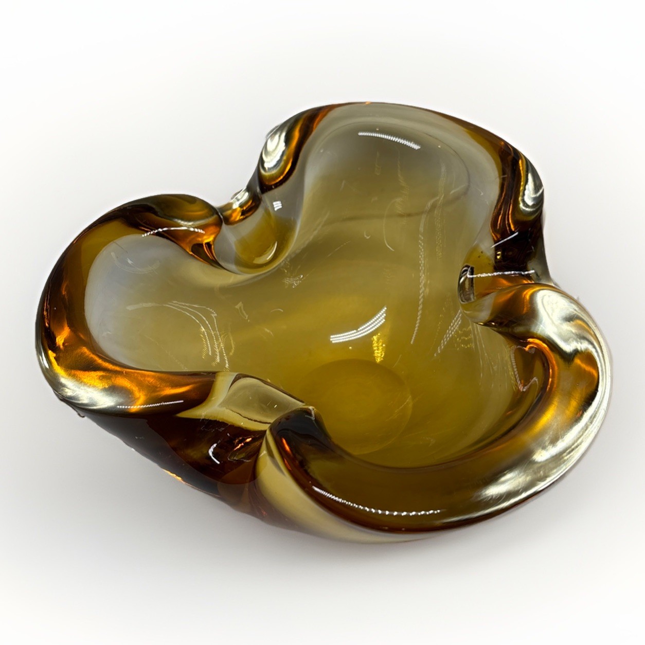 VTG Rare 1960s MURANO BARBINI AMBER CLEAR Pinched GLASS ASHTRAY BOWL DISH 6”
