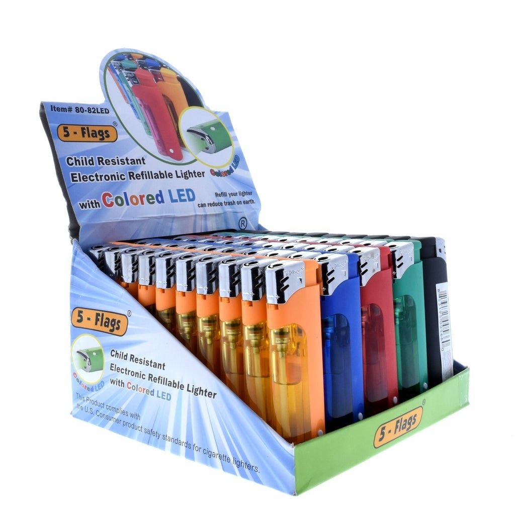 5 Flags LED Lighter Ass. Colors With LED Lighter 50 Pcs Display Box