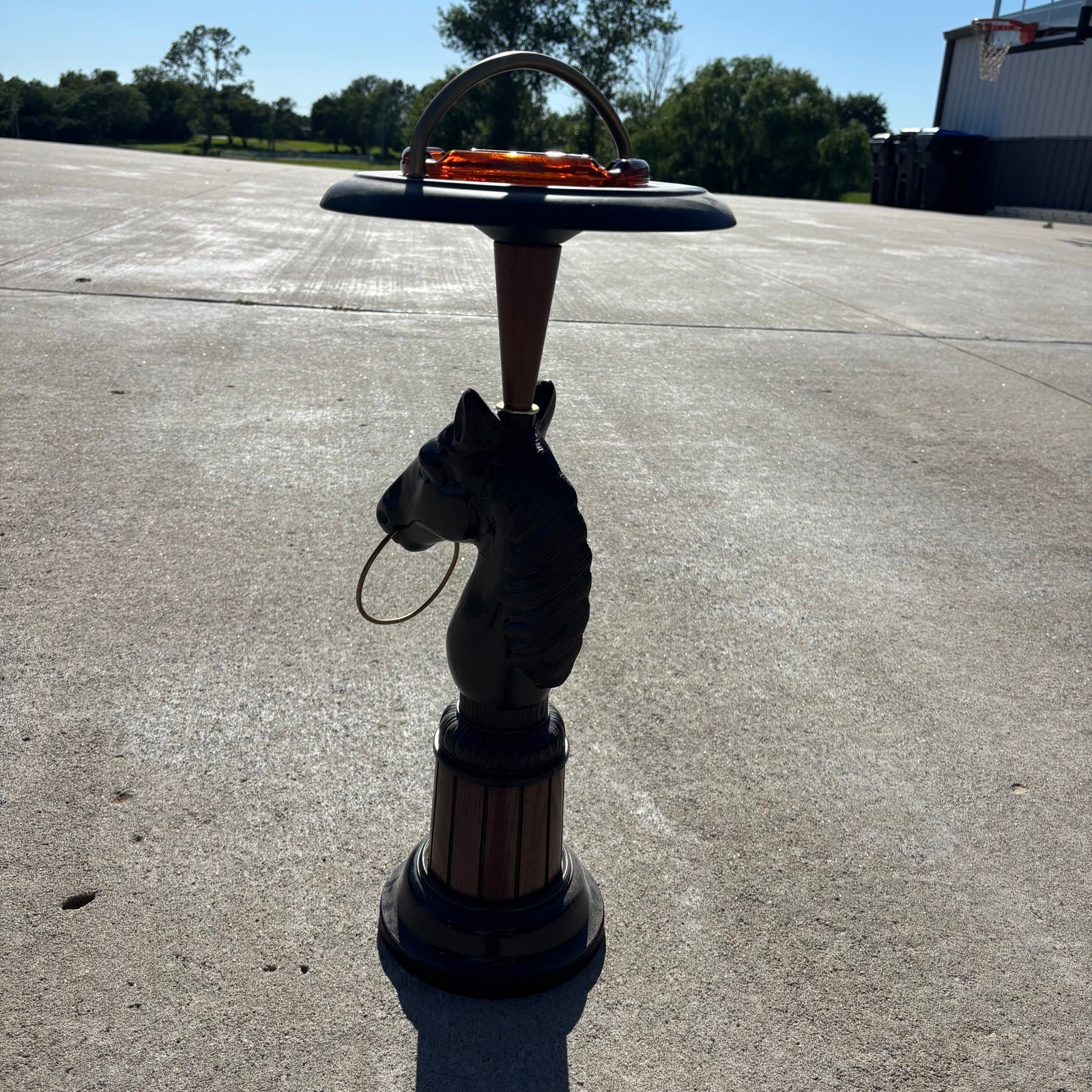 Vintage Horse Bust Standing Ashtray – Cast Aluminum Brass Wood & Amber Glass 24″