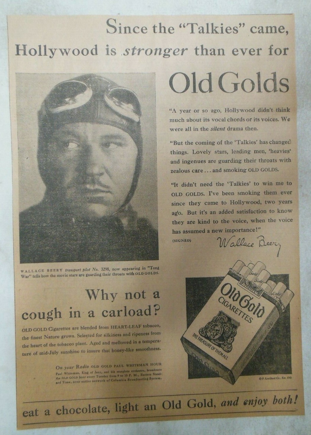 Old Gold Cigarette Ad: Wallace Berry (Actor/Comedian) from 1928 10 x 15 inches