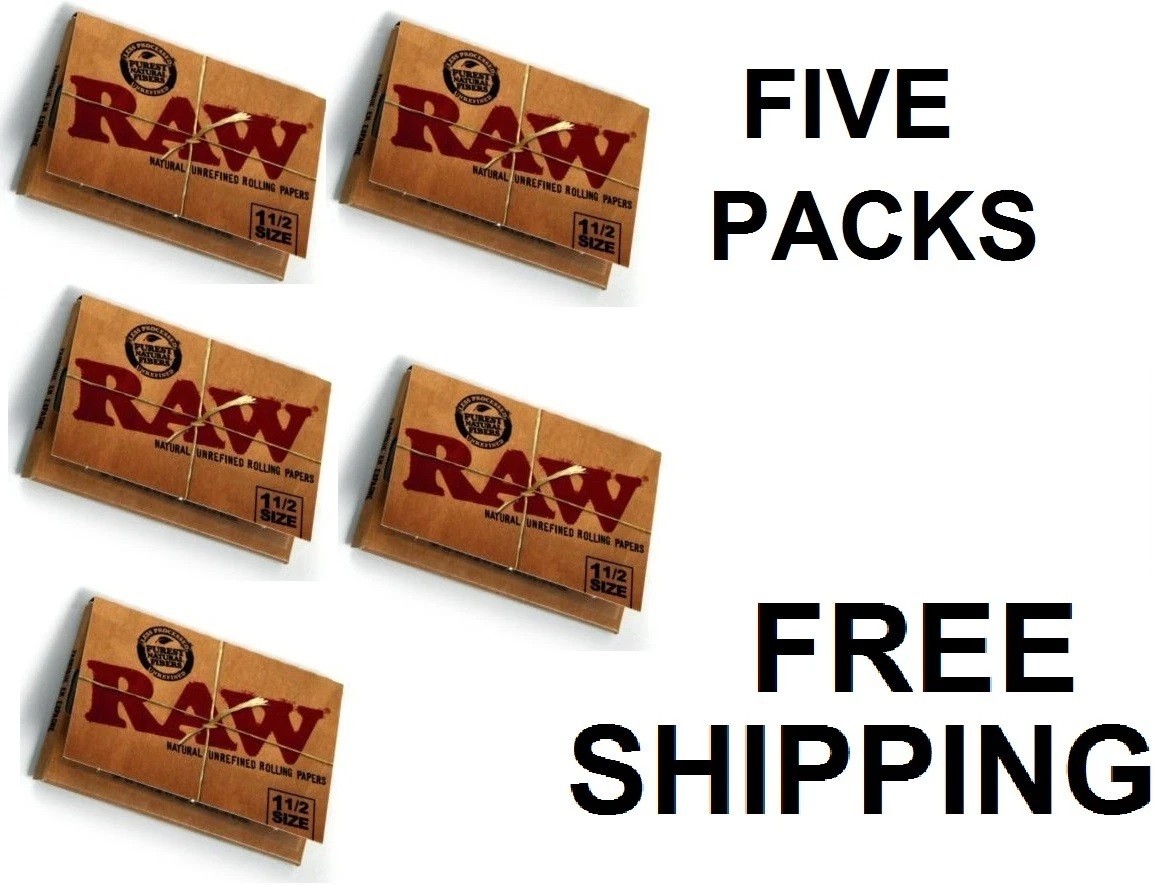 LOT OF FIVE PACKS of 1 1/2 SIZE RAW CLASSIC ALL NATURAL UNREFINED ROLLING PAPERS