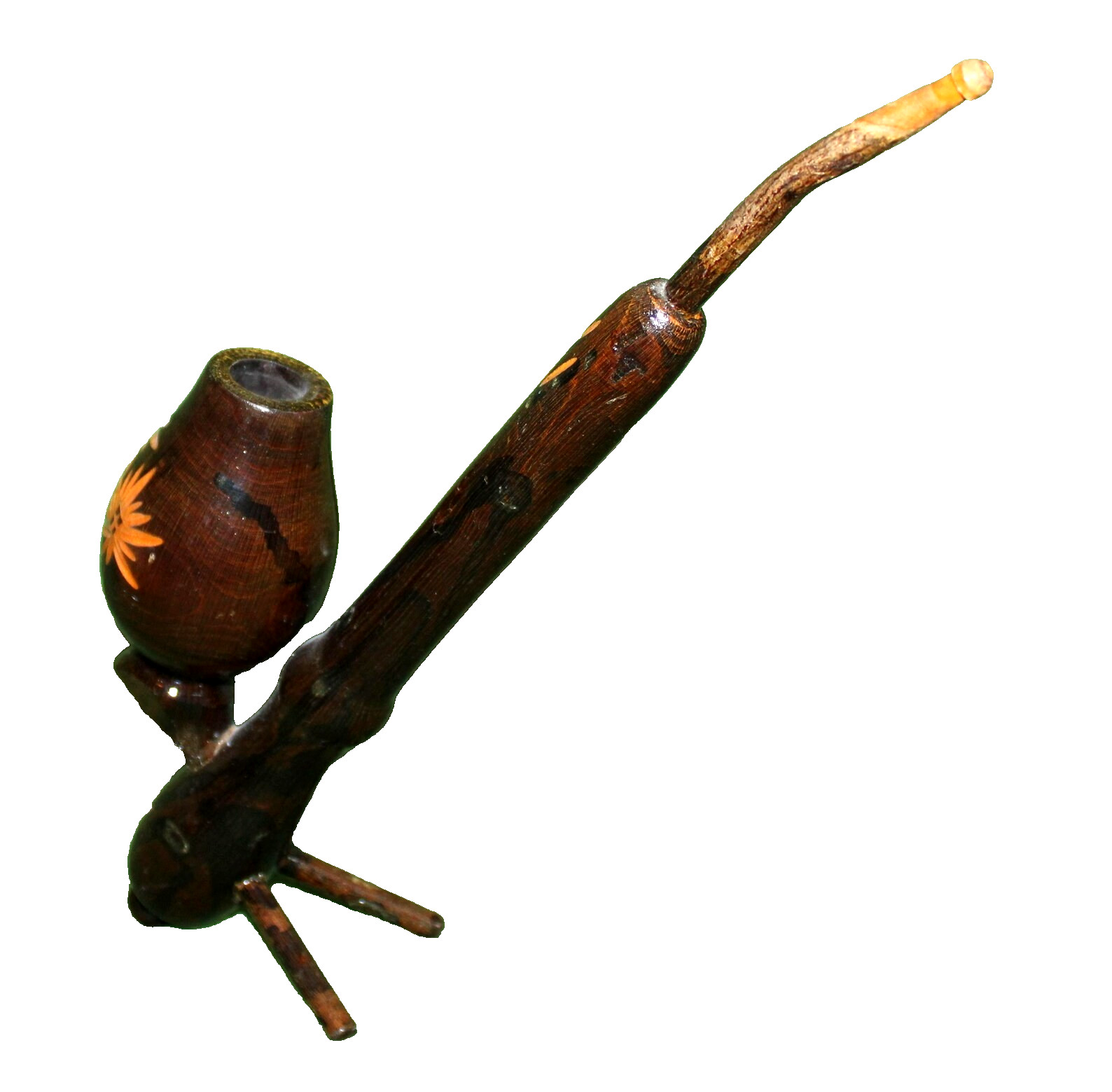Hand Carved Pipe Lacquered Wood Floral Decoration Bent Twig Attached Stand