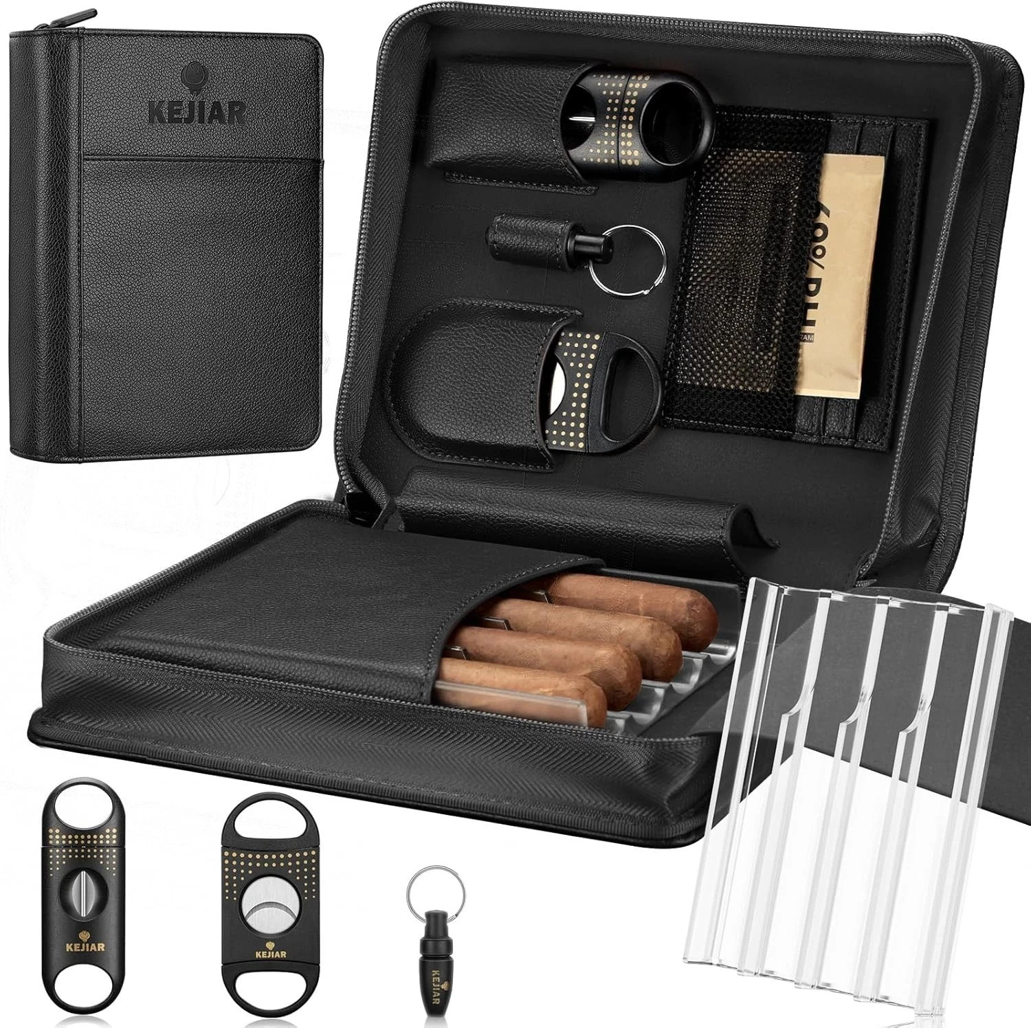 Cigar Humidor Case Portable Box with V Cutter Straight Black