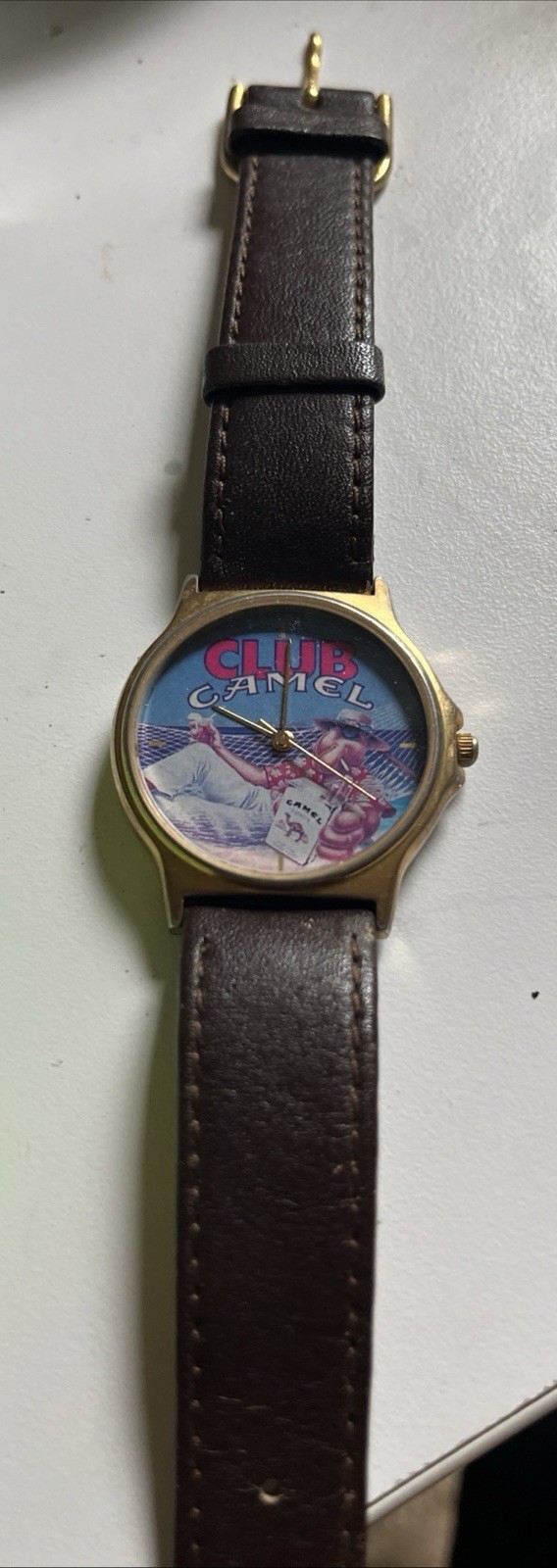 Vintage 90s Club Camel Joe Camel Watch Gold Case Brown Leather Band Quartz 27 mm