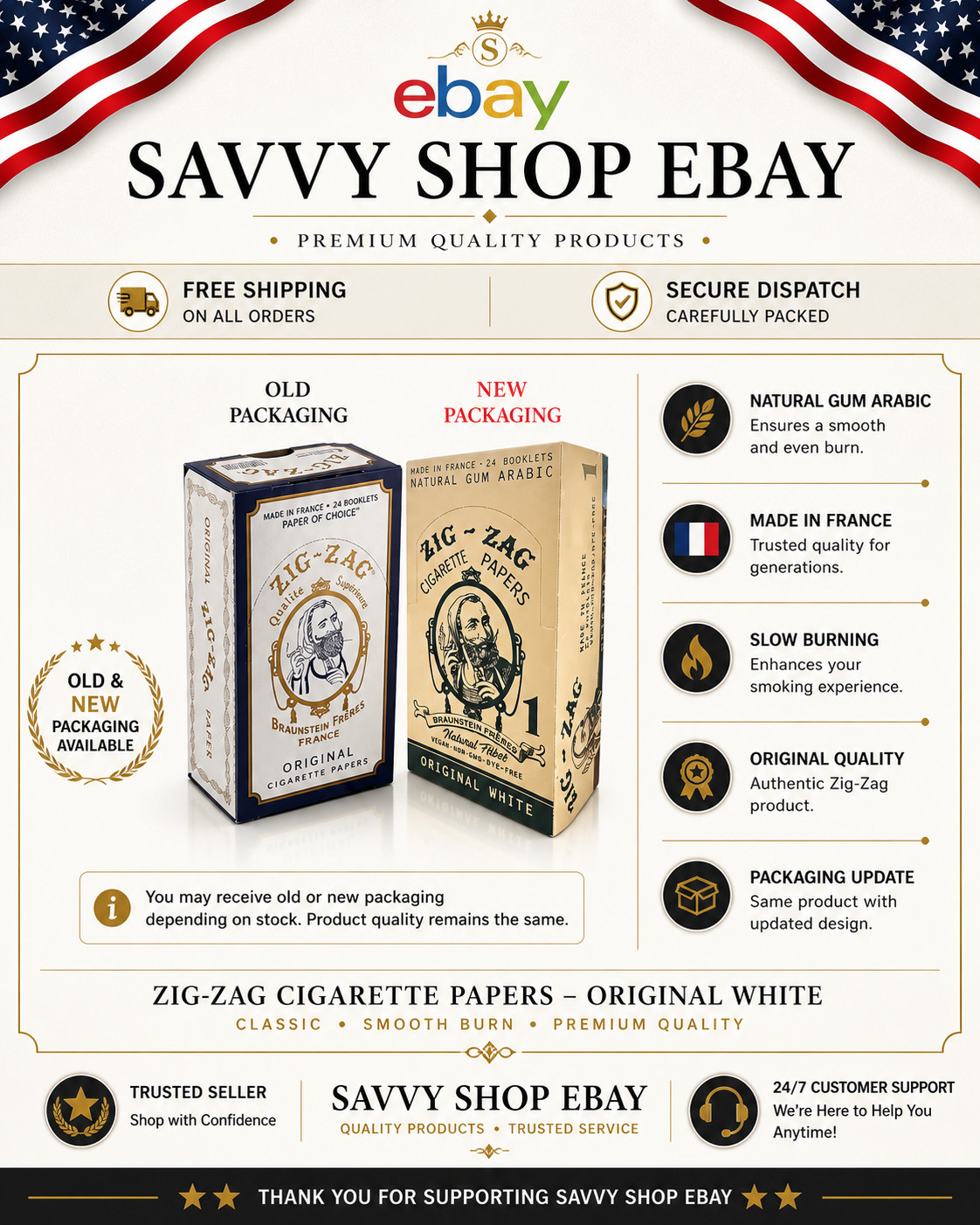 1 BOX of 24 PACKS – ZIG ZAG ORIGINAL WHITE ROLLING PAPERS – FREE SHIPPING