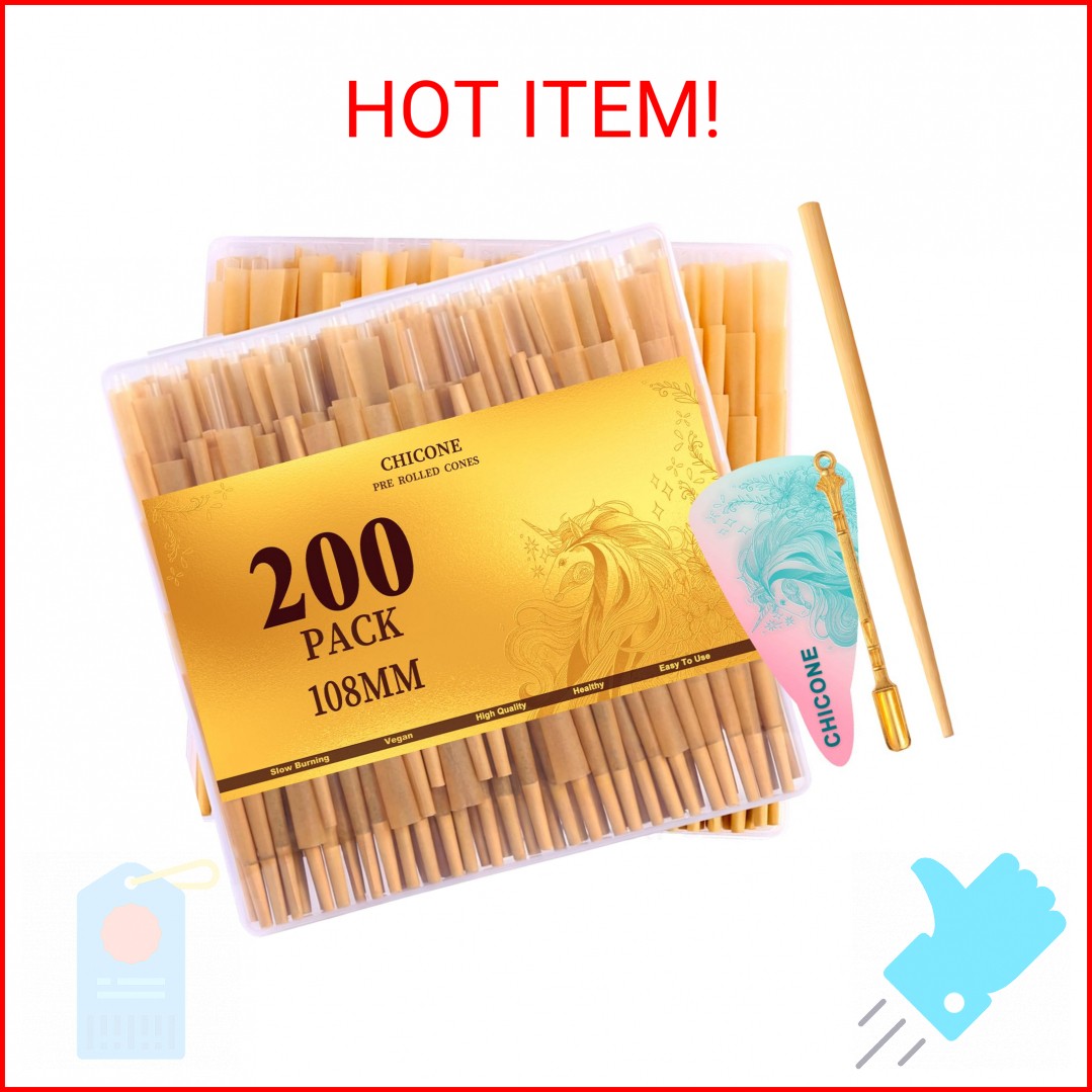 200 PACK Cones Rolling Paper | 108mm King Size Slow Burning | with Loader and Pa