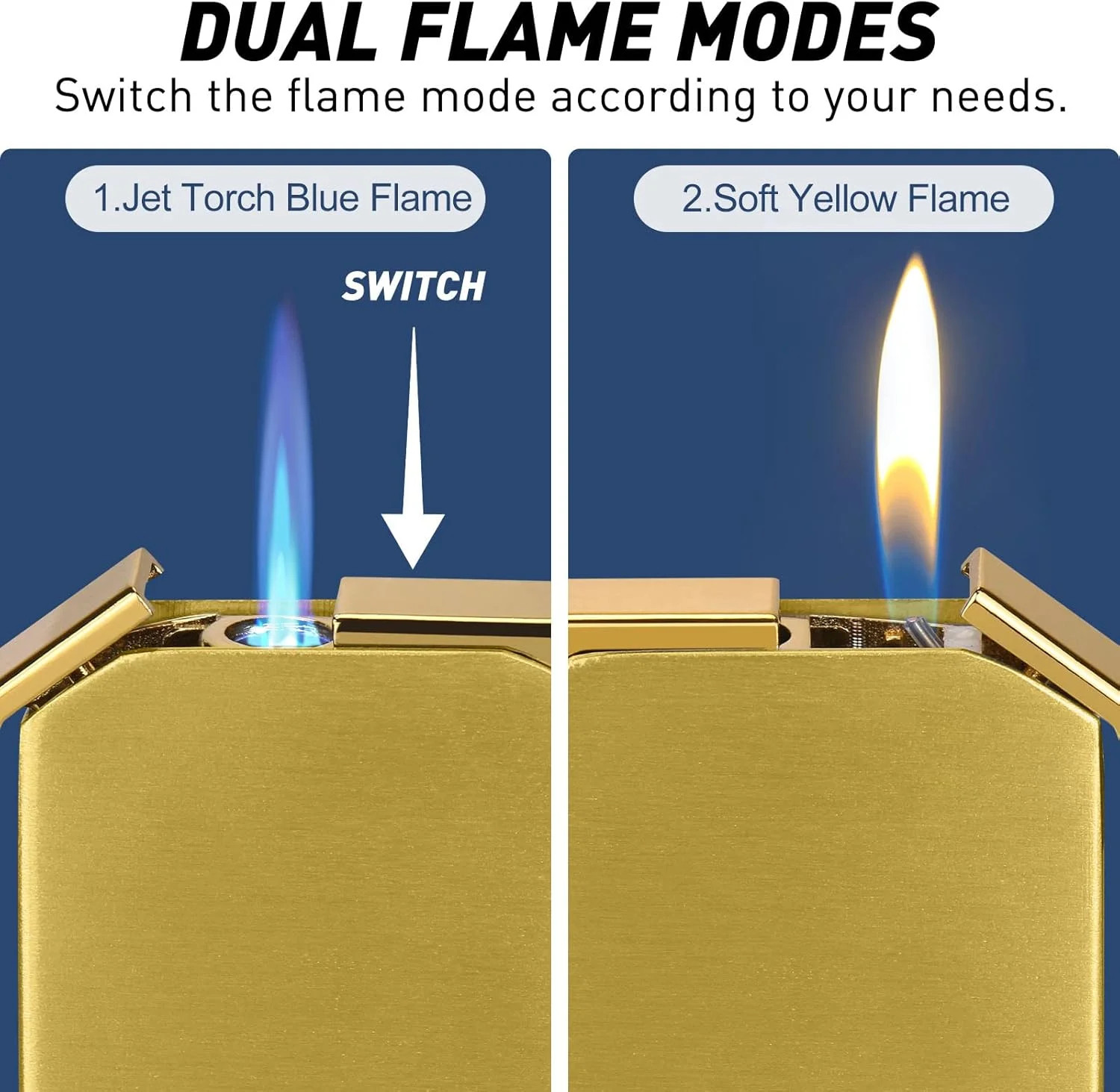 Dual Flame Lighter – Switchable Torch & Soft Flame, Refillable Butane, Cool Pipe