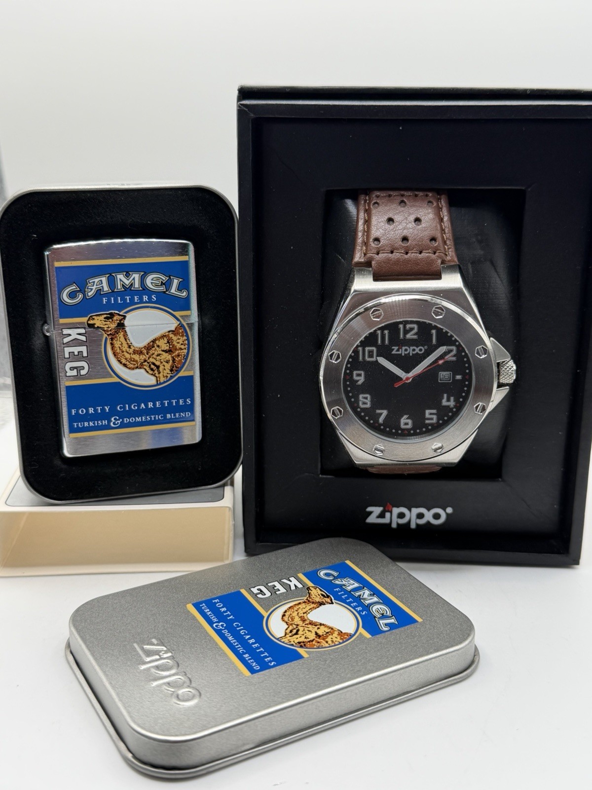 Vintage 2000 Camel Keg Forty Chrome Zippo Lighter & Men’s Casual Watch New