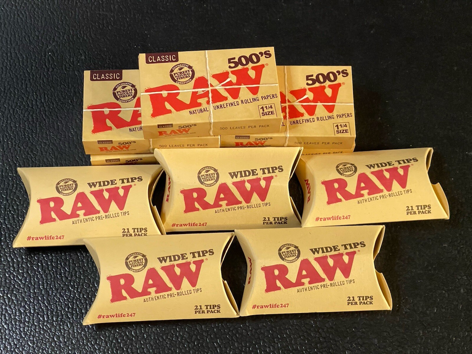 Lot Of 5 Packs Raw 500’s Classic Natural Unrefined Rolling Paper + Wide Tips Set