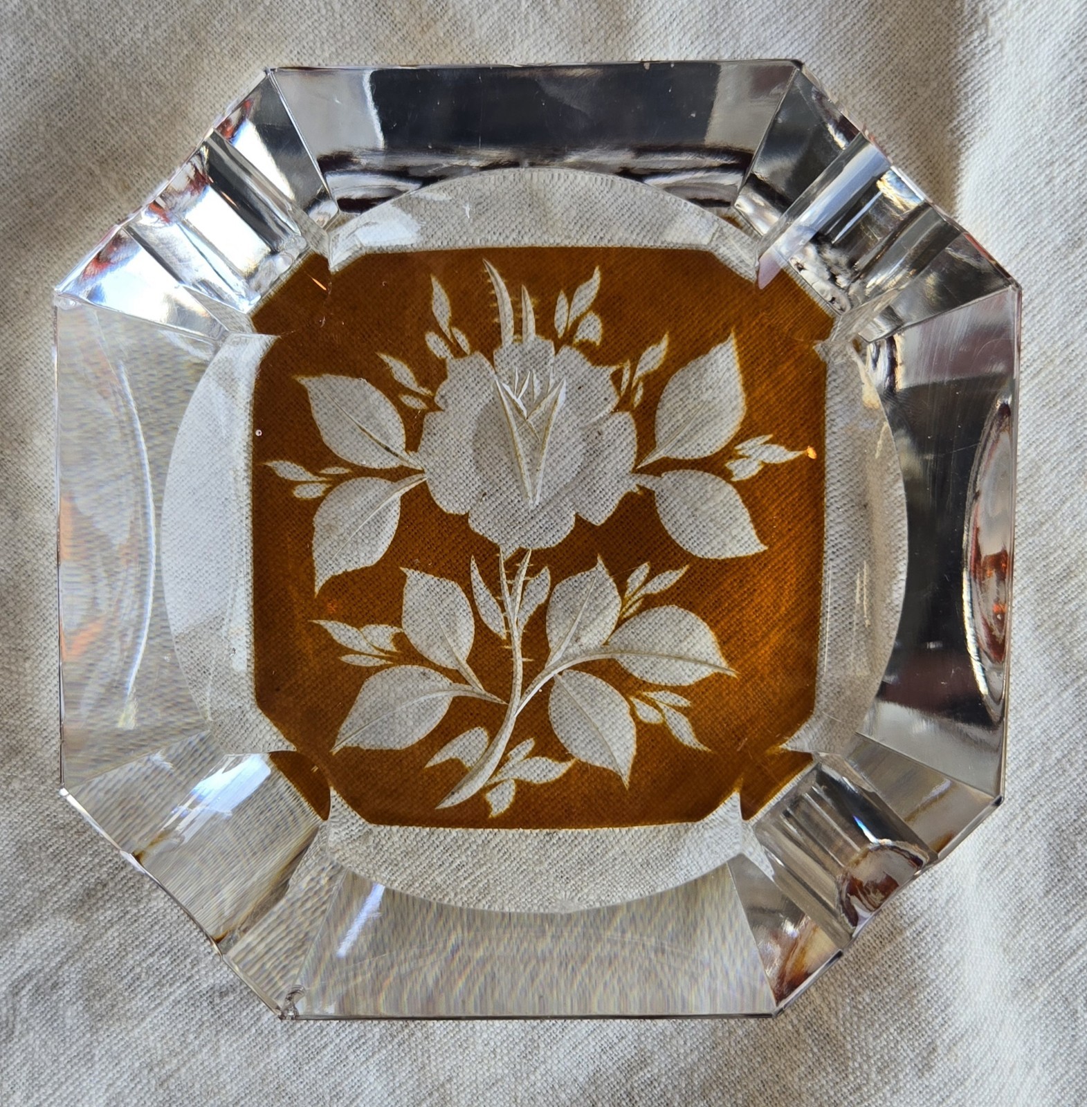 Rose Ashtray Amber Cut to Clear Crystal Josephinenhütte Vintage c.1930s Art Deco