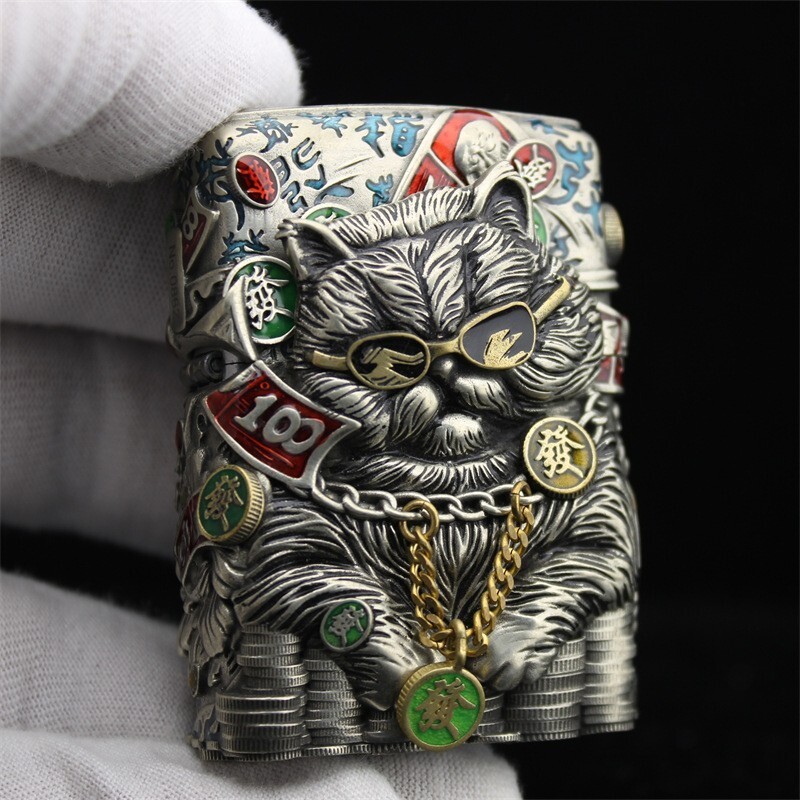 Lucky Cat Heavy Armor Handmade Lighter – Silver & Bronze | Gift | Zippo