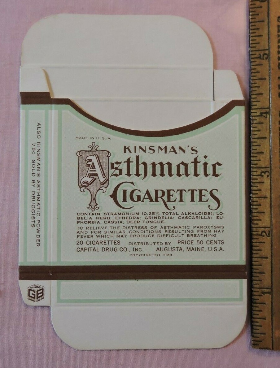 1930s Asthmatic Cigarette Box Augusta Maine ME Tobacco Medicine