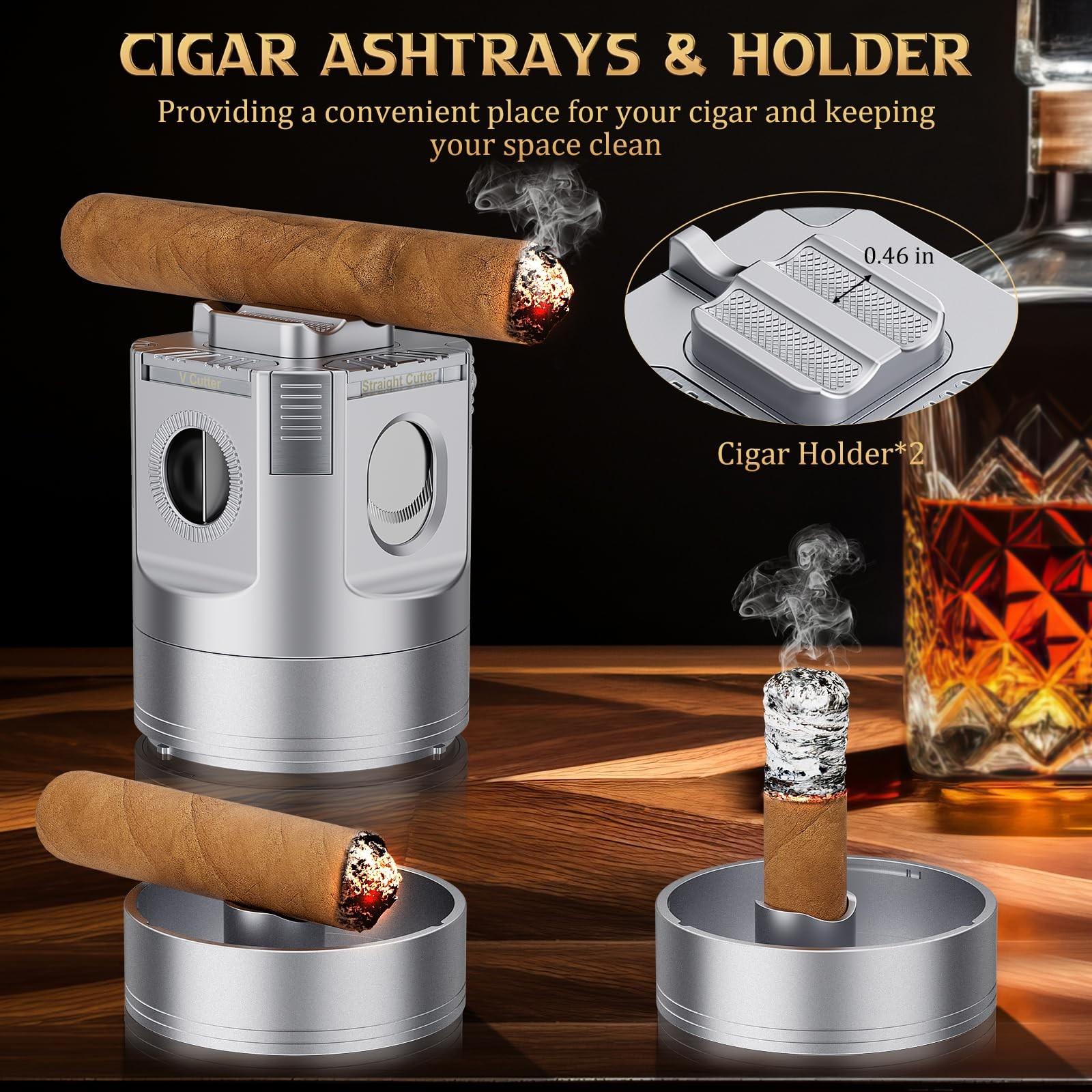 Xifei 8-In-1 Desktop Cigar Lighter Straight V-Cut Cutter 3 Ashtrays 3 Draw