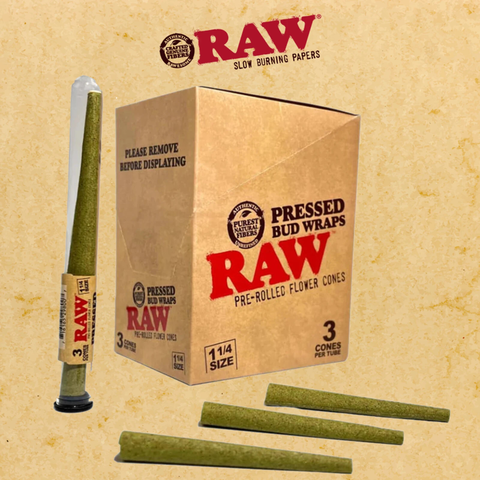 RAW Rolling Papers 1 1/4 SIZE PRESSED BUD WRAP CONES 1 TUBE/ 3 Pre Rolled Cones