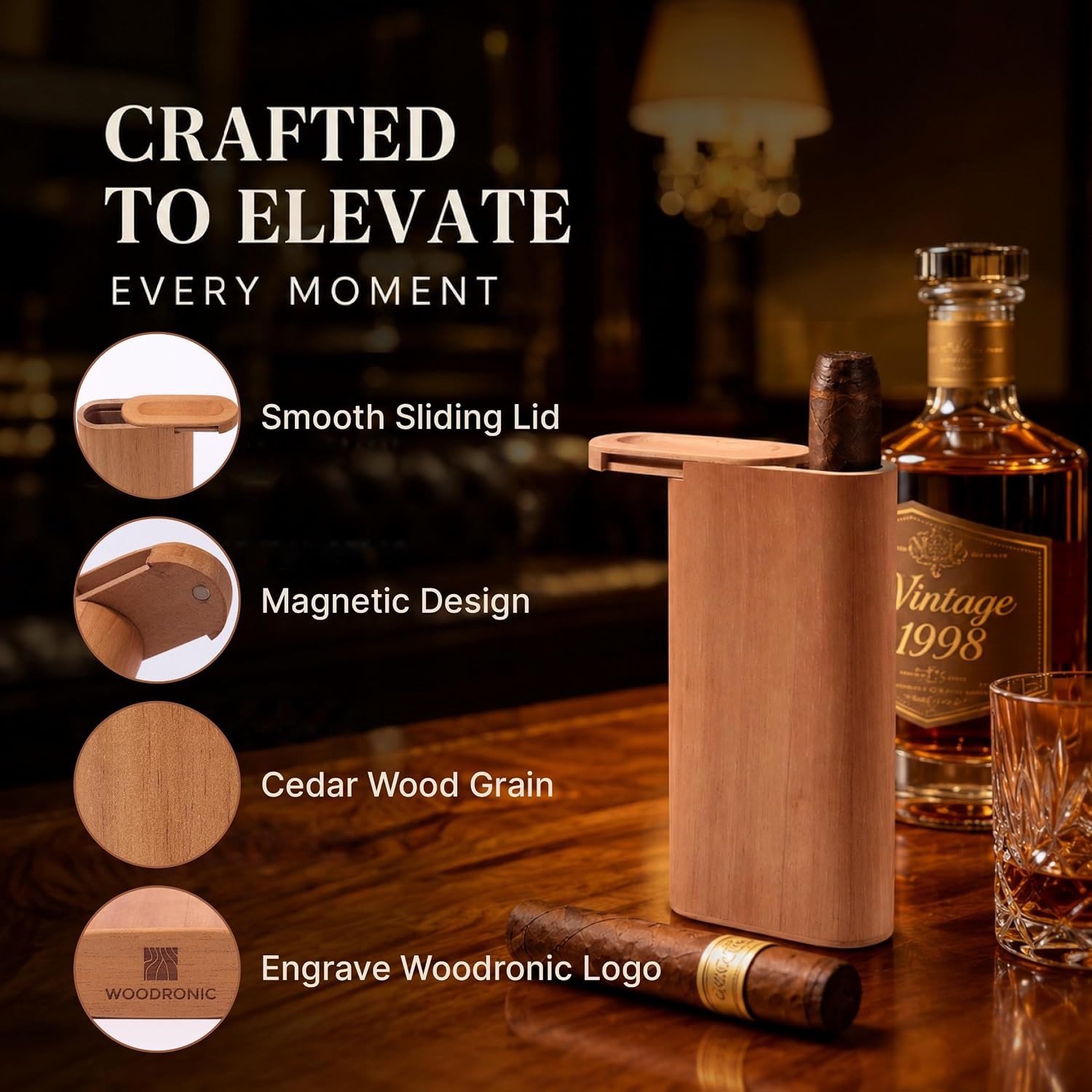 Woodronic Cigar Case, Solid Cedar Wood Cigar Travel Case with Magnetic Closure 3