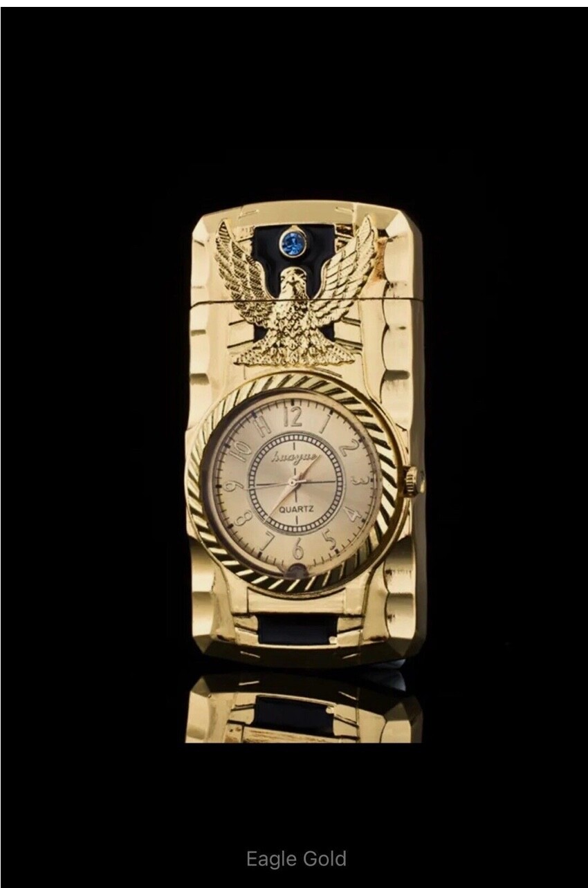 Luxurious Butane Lighter Gold Eagle w/ Clock Windproof Torch Flame USA Stock
