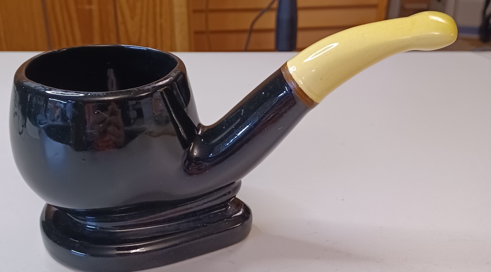 Vtg Pipe Shaped Ashtray Planter Figure Ceramic Art Pottery Black Yellow