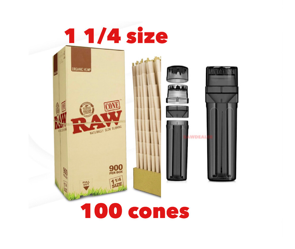 RAW organic 1 1/4 size pre rolled cone +new design portable 3in1 grinder