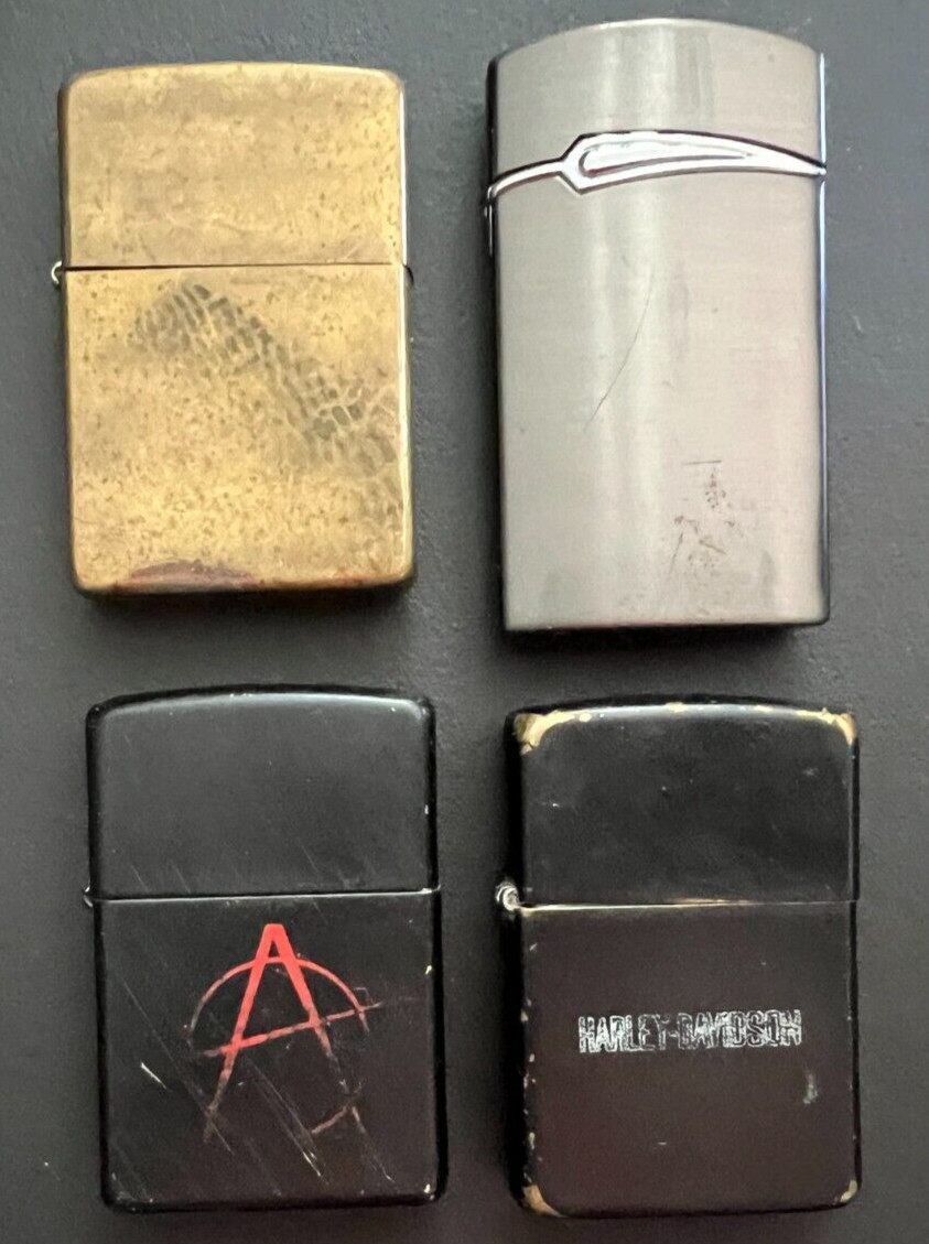 Vintage Zippo Butane Lighters Harley Davidson Brass Chrome Black “A” (4) Used