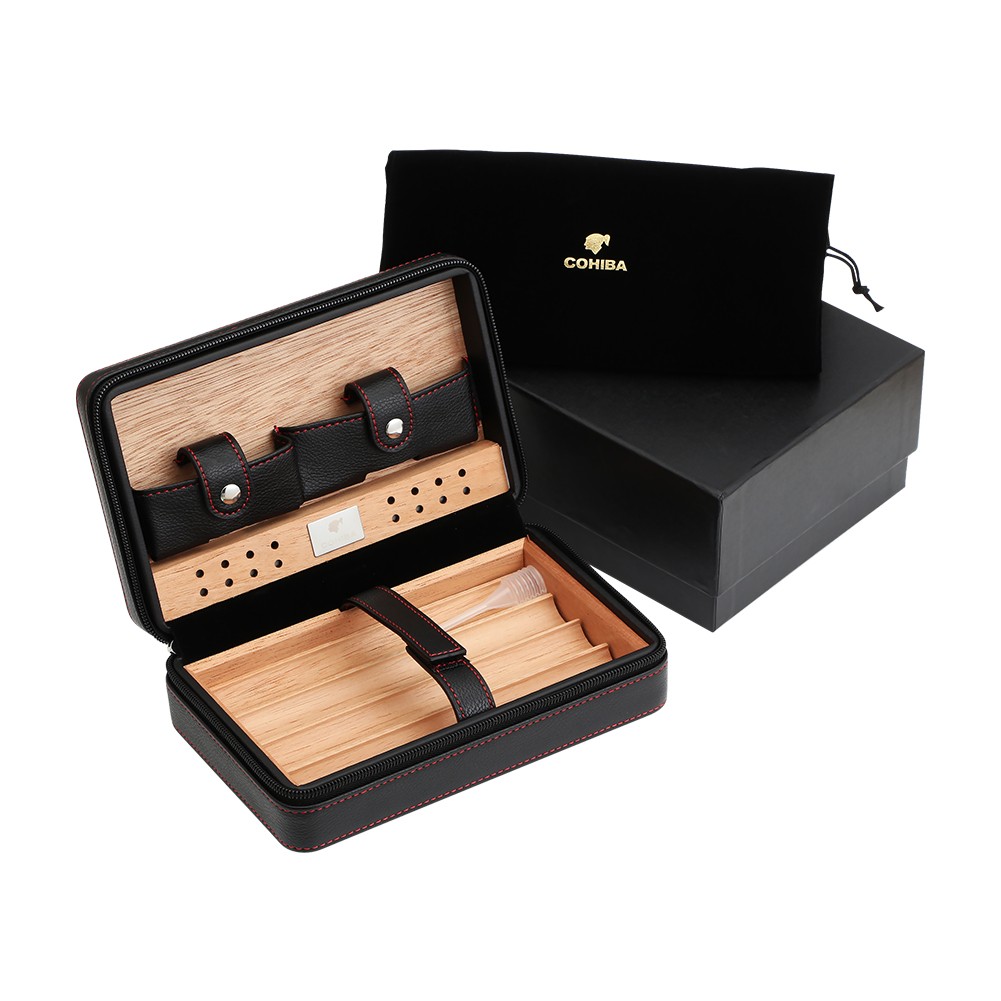 Travel Cedar Cigar Humidor Wood Box Leather Humidor Box 4 Cigars Cutter Lighter