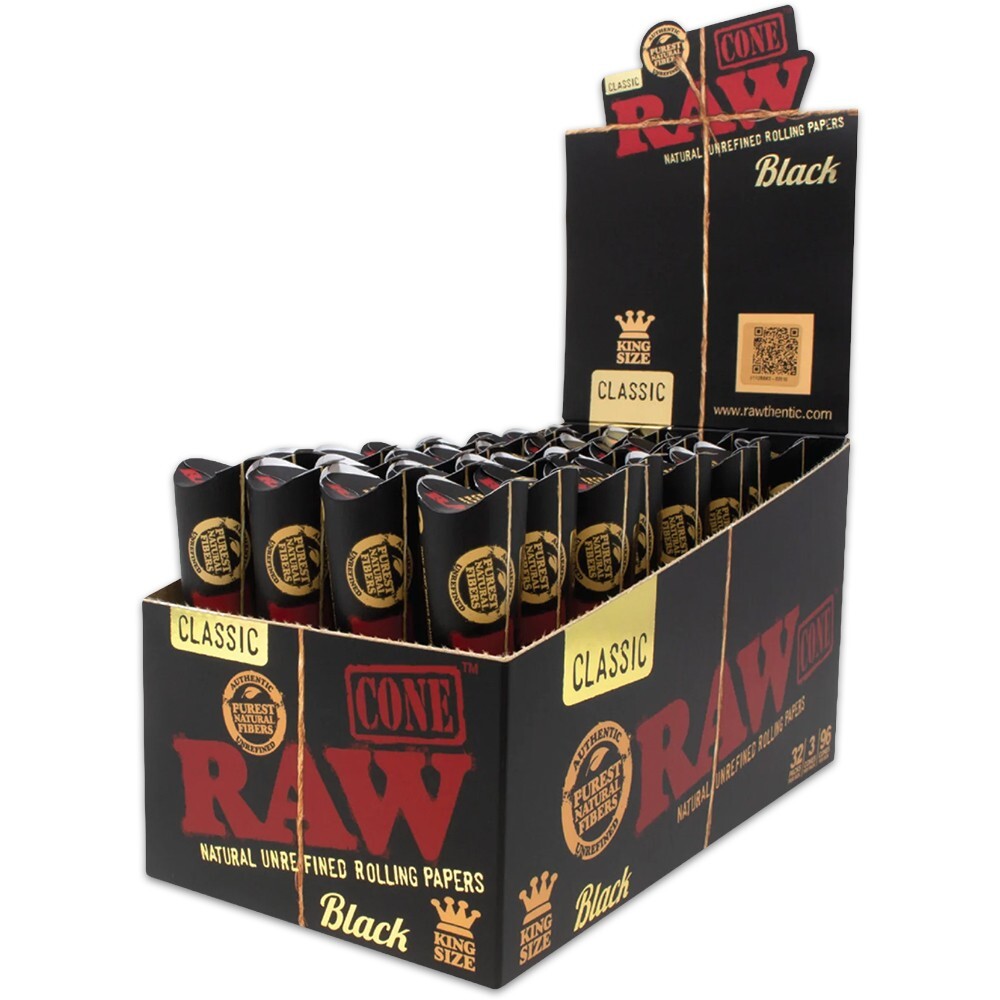 RAW Black King Size Pre-Rolled Cones – Display Box of 32 Packs (96 Total Cones)