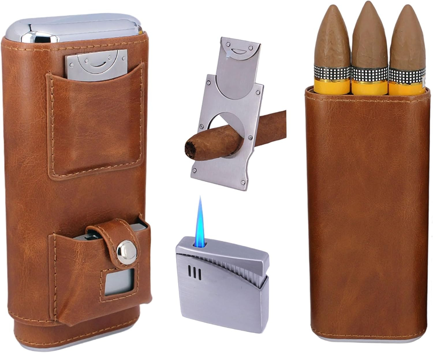 Deluxe Portable 3 Holder Cigar Case Set with Lighter and Cutter Great Gift Kit