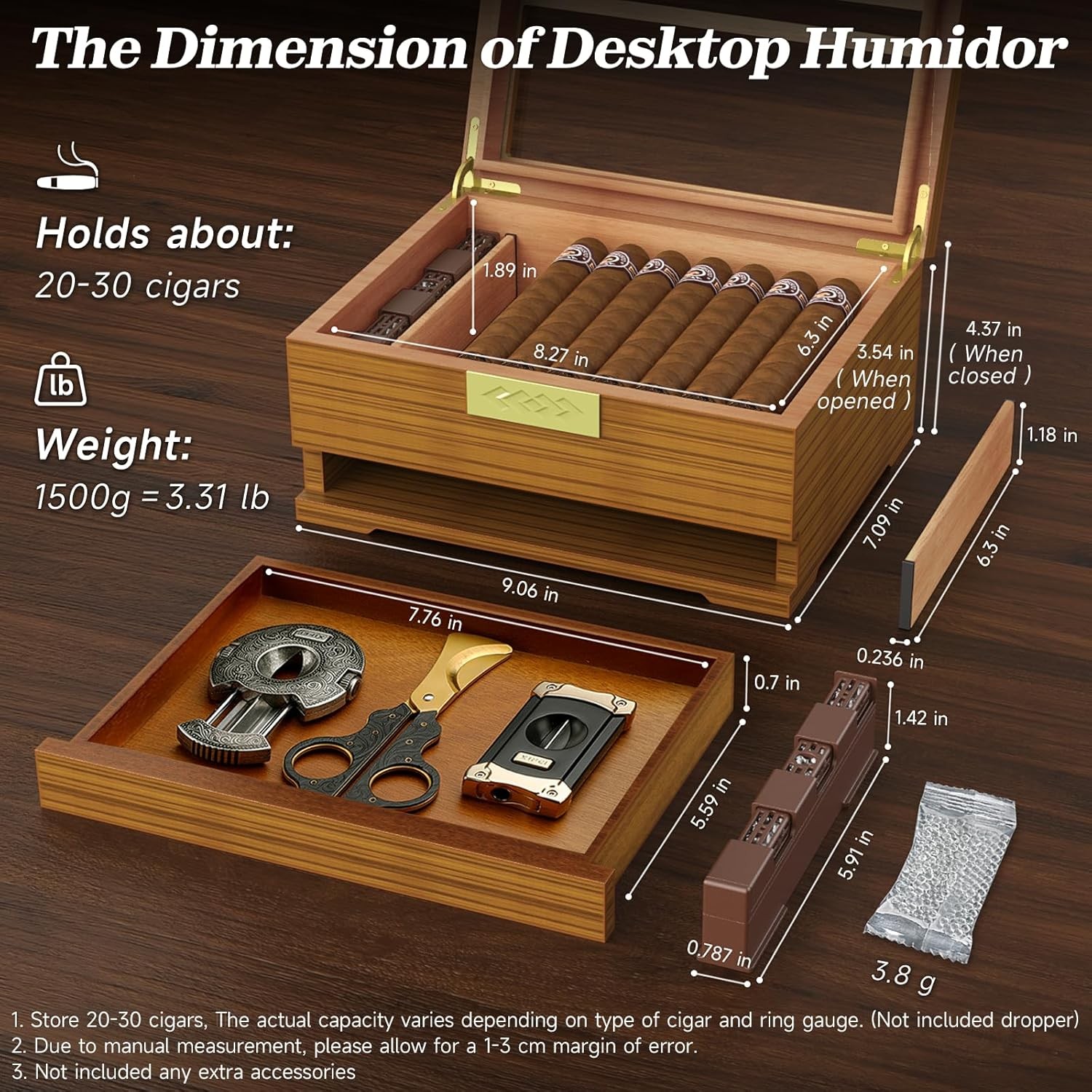 Cigar Box Handcrafted Humidor with Hygrometer and Humidifier, Cedar Wooden