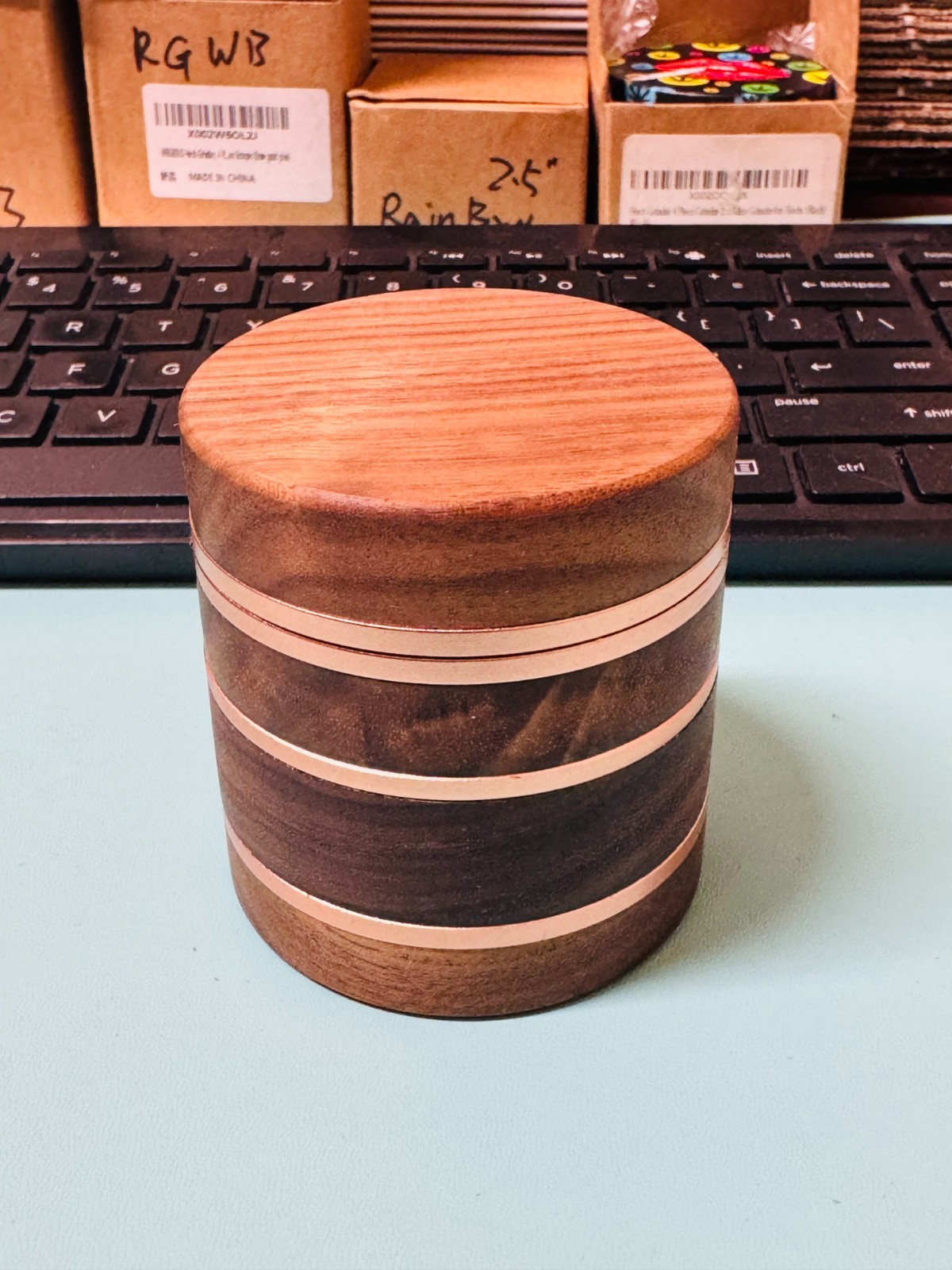 2.5” Walnut Solid Wood Metal Herbal Herb Spice Grinder Crusher Rose Gold