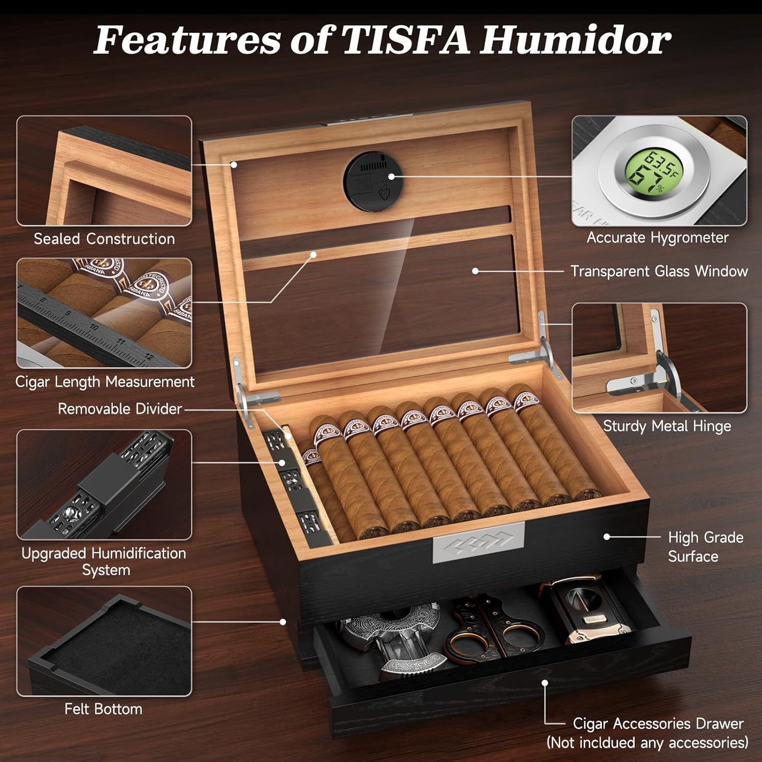 Cigar Humidor, Cedar Wood Desktop Humidor Box with Digital Hygrometer, Adjustabl