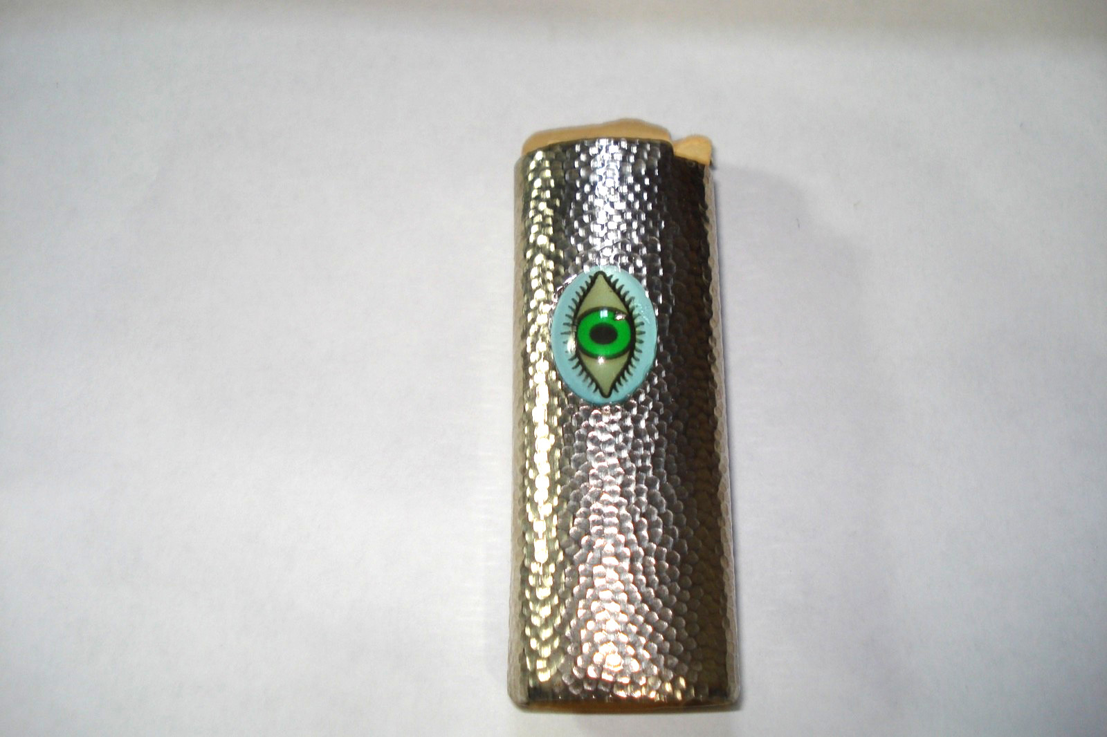 Vintage Silver Tone Hammered Metal Green EYEBALL Bik Case/Holder 80’s