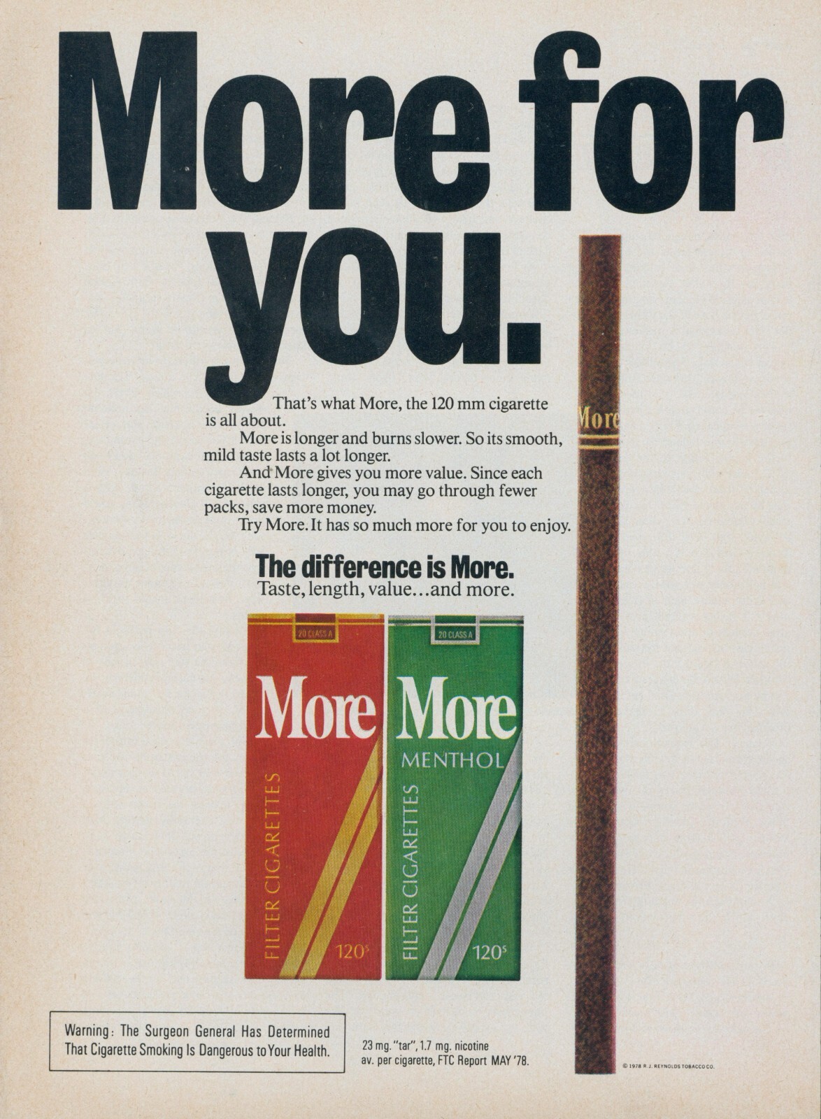 1978 More Cigarettes For You 120 mm Red Green Menthol Vintage Print Ad SI1