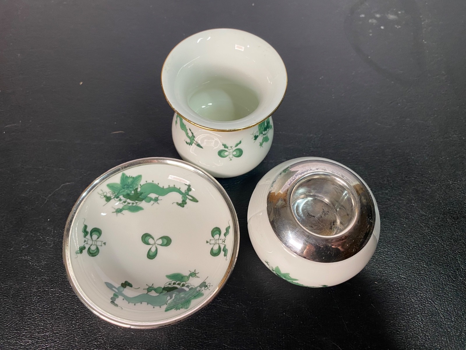 Meissen Green Dragon Set Silver Match Striker Silver Dish Ashtray Cigarette Urn