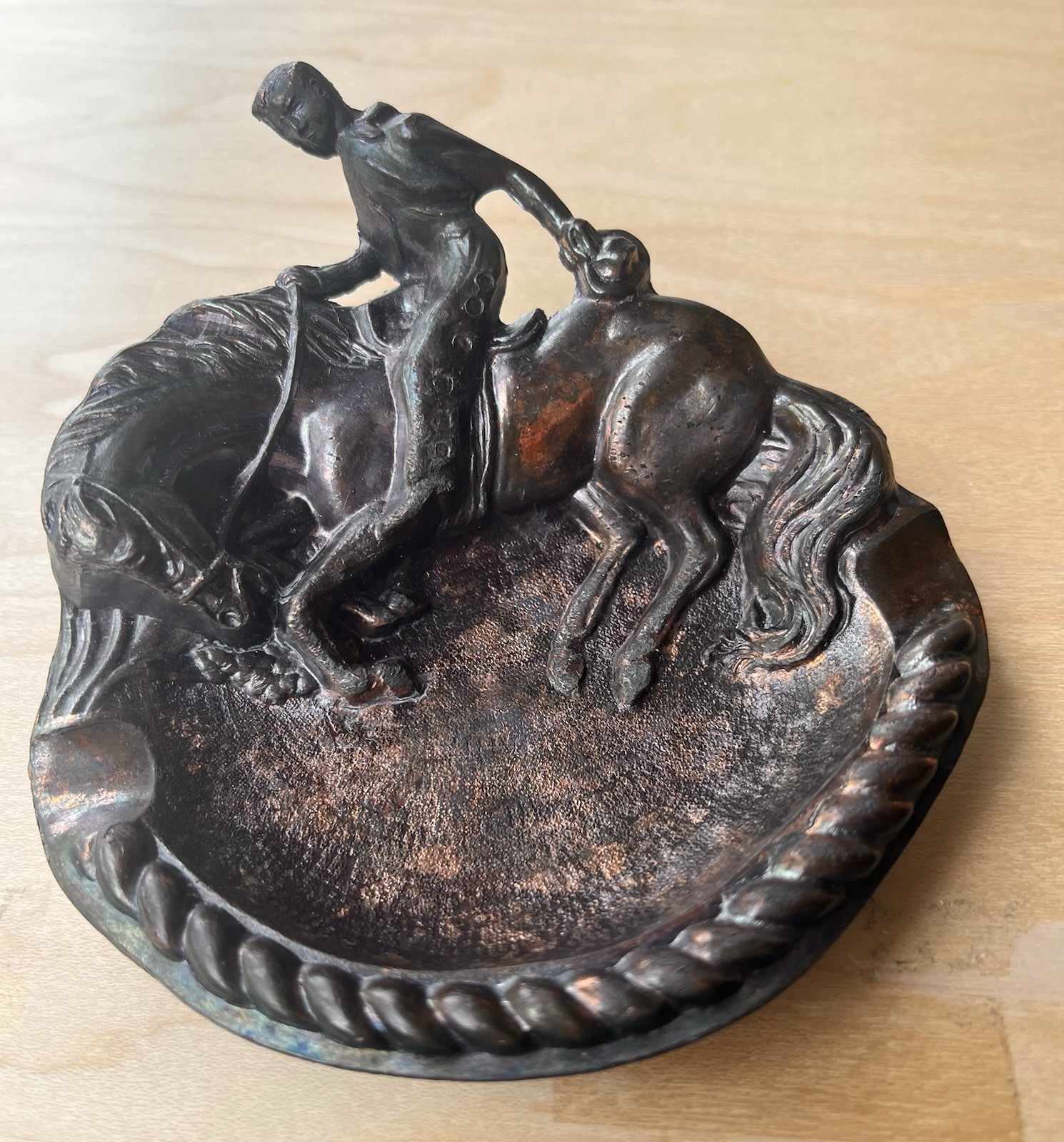 Vintage Ashtray Cowboy riding a Bucking Bronc horse Bronze Colored Metal