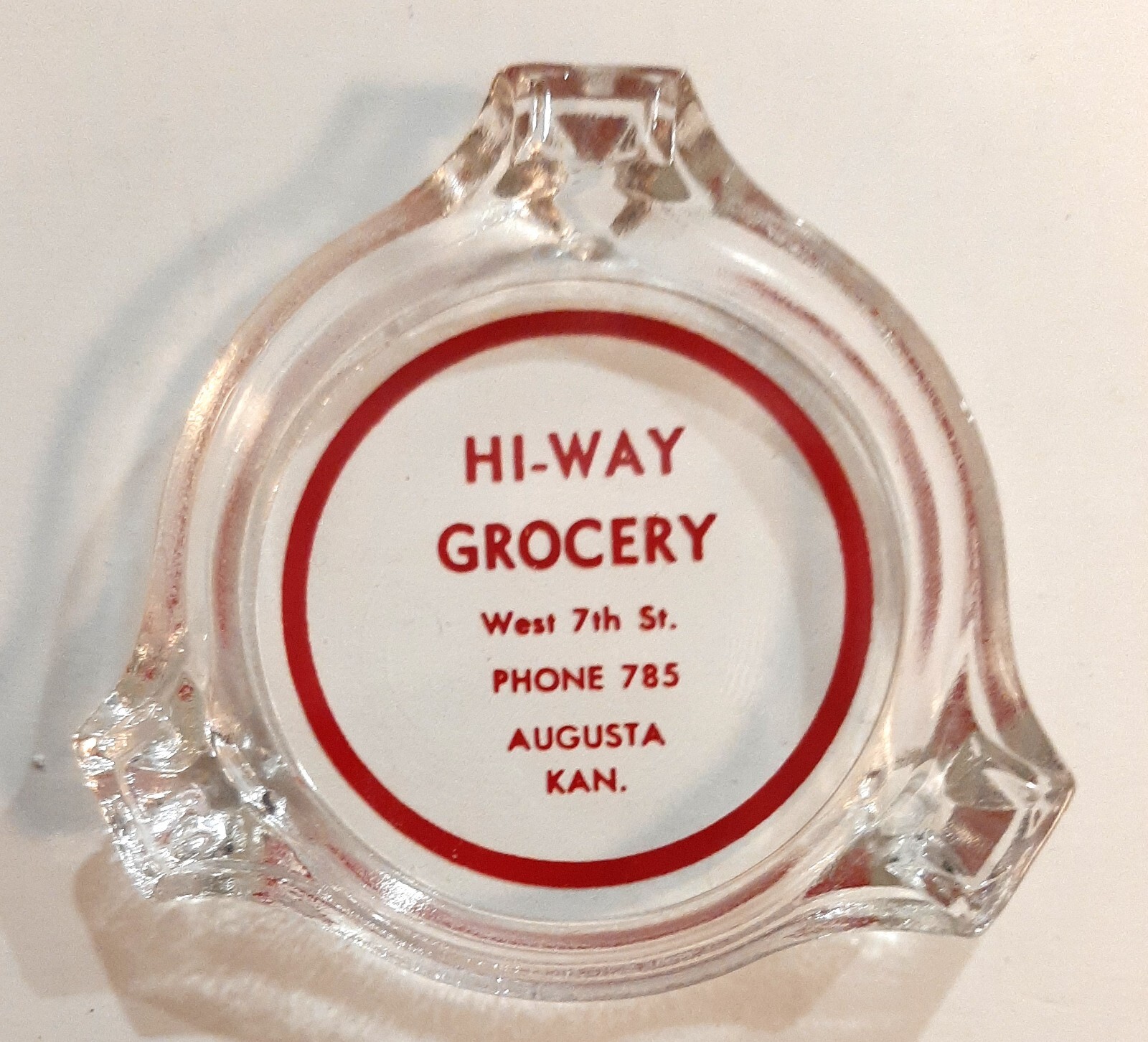 Hi-Way Grocery Augusta Kansas 1940s-1950s Glass Advertising Ashtray