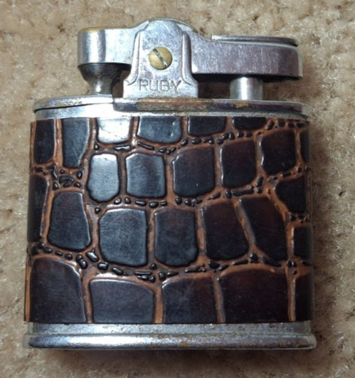 Vintage RUBY OVAL AUTOMATIC FLUID CIGARETTE LIGHTER BROWN LEATHER WRAPPED